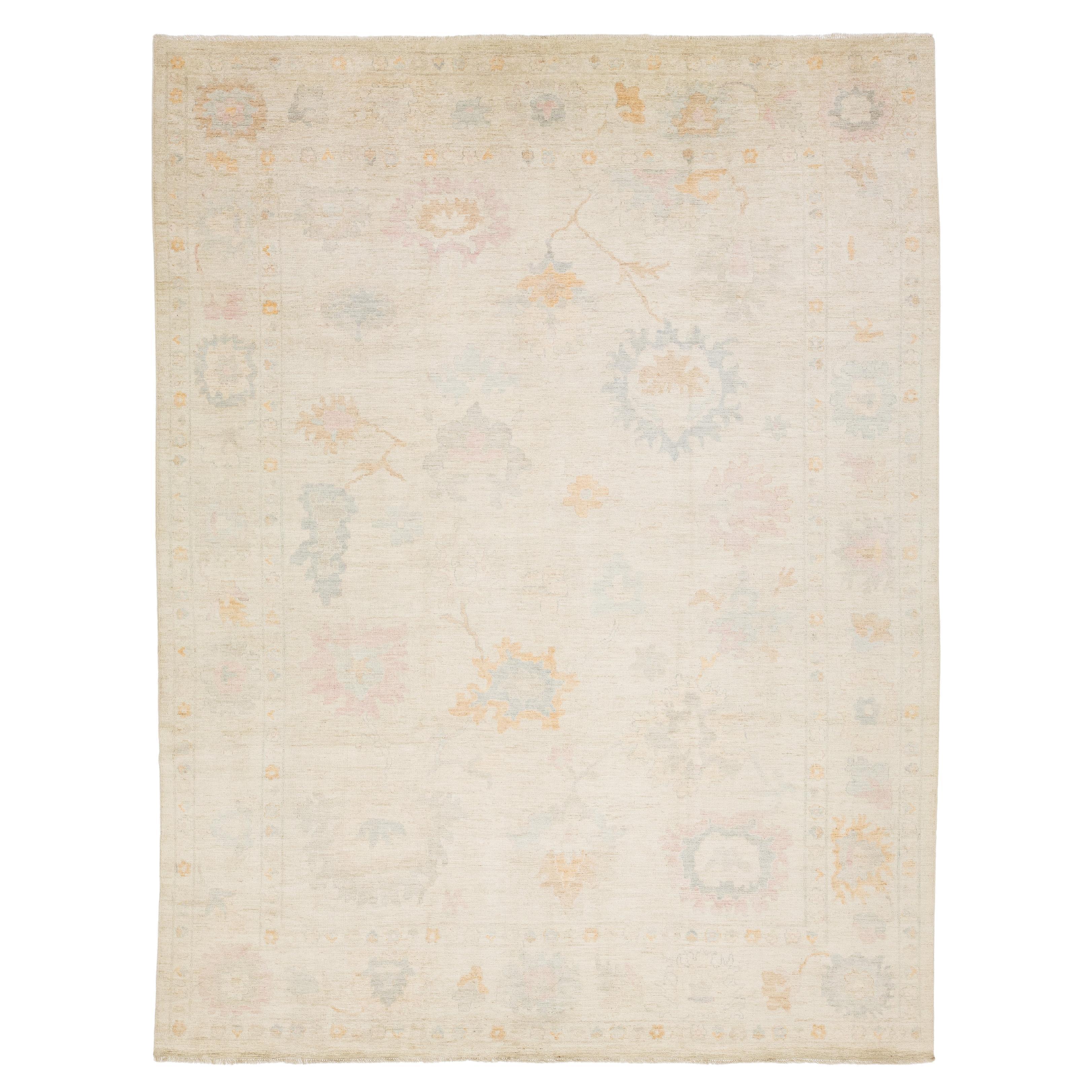 Modern Turkish-Style Oushak Wool Rug Neutral Cream with Subtle Floral Motif
