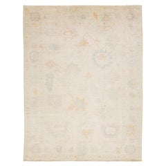 Modern Turkish-Style Oushak Wool Rug Neutral Cream with Subtle Floral Motif