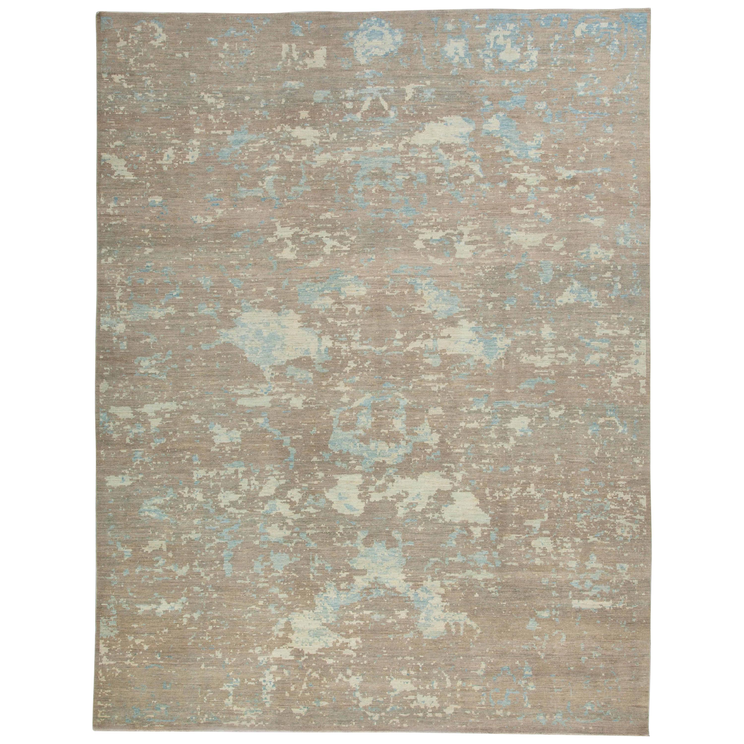  Modern Turkish Sultanabad Rug with Blue and Ivory Floral Details over Beige Fie