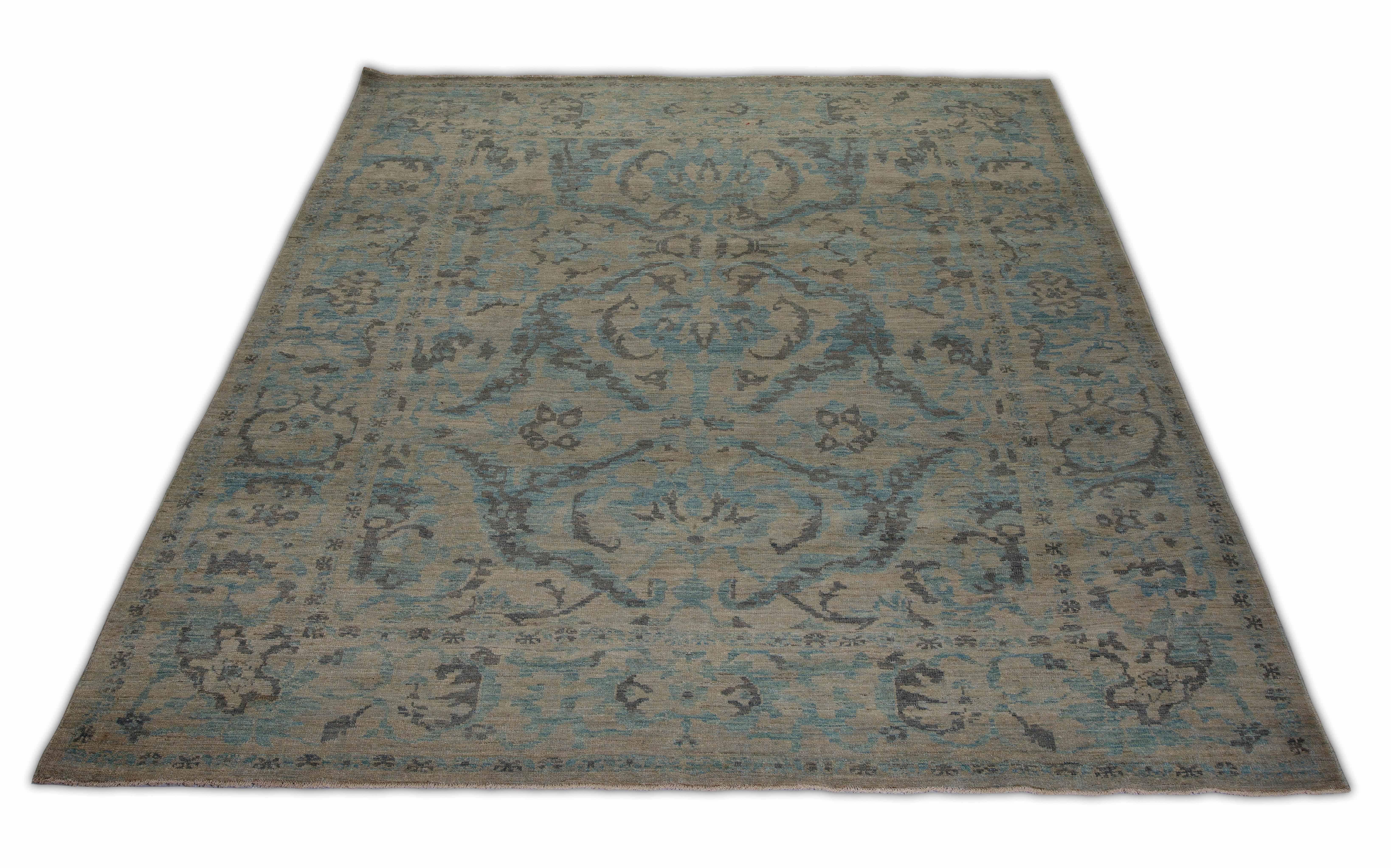 Modern Turkish Sultanabad Rug with Gray and Blue Leaf and Flower Details In New Condition For Sale In Dallas, TX