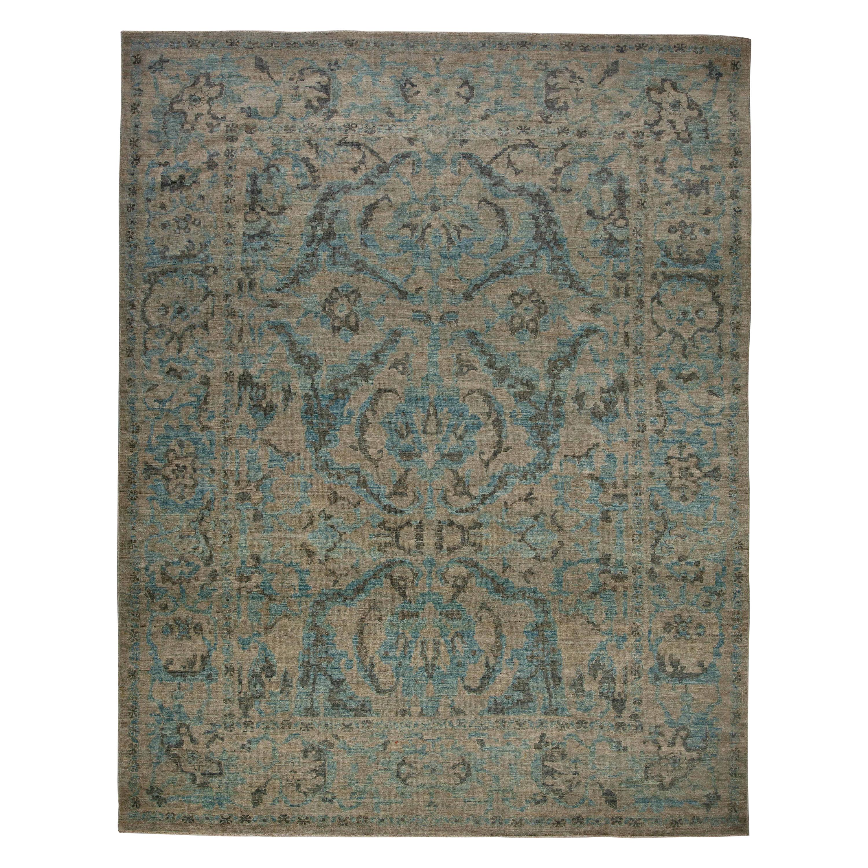 Modern Turkish Sultanabad Rug with Gray and Blue Leaf and Flower Details For Sale