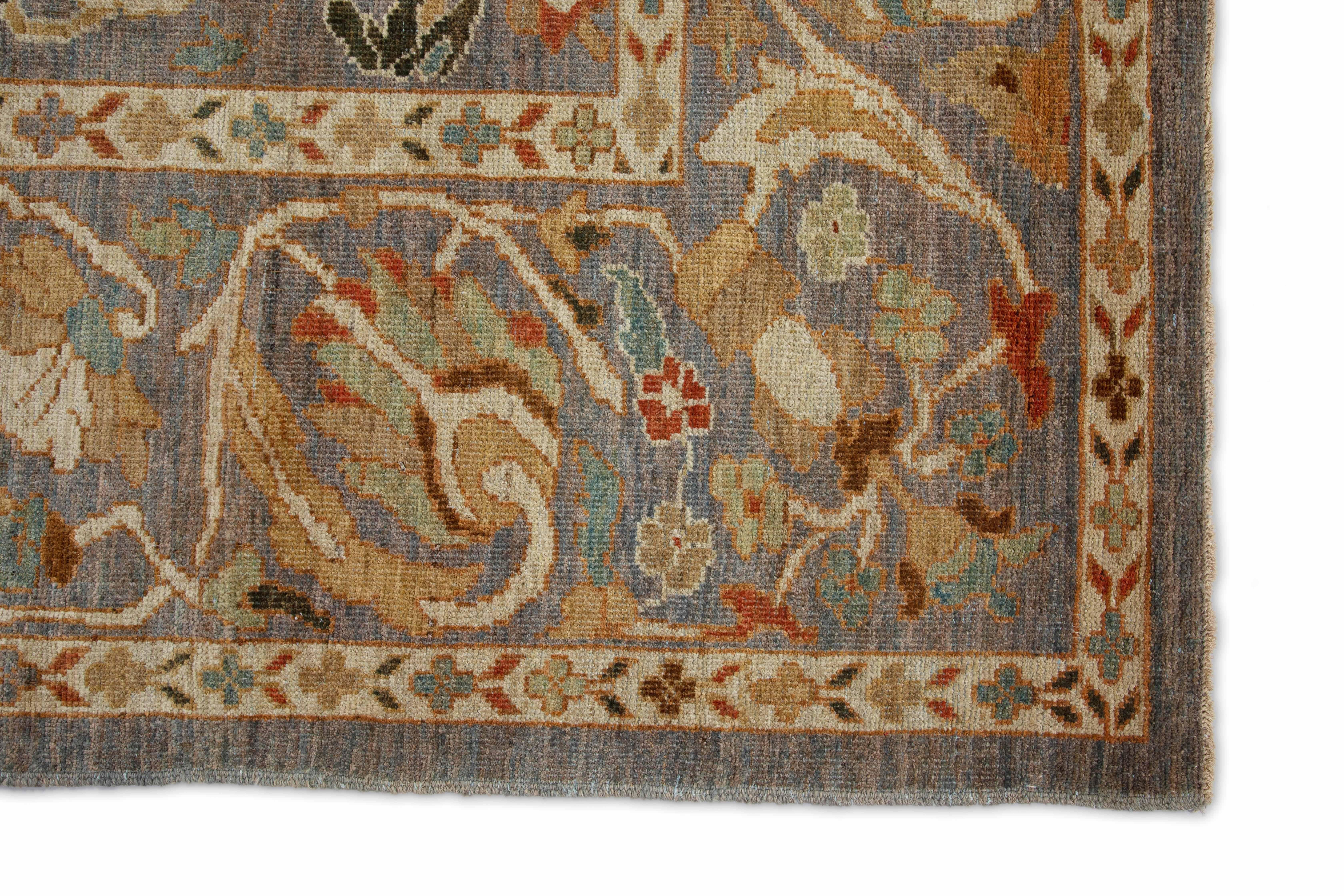 Hand-Woven Modern Turkish Sultanabad Rug with Gray Field and Allover Floral Patterns For Sale