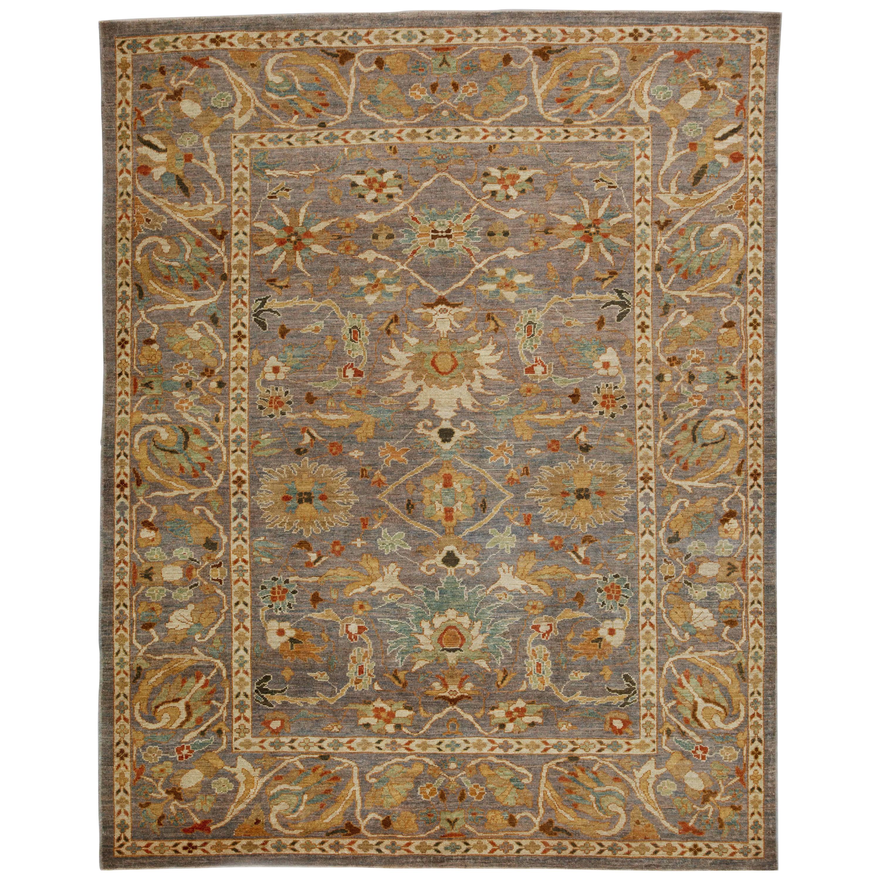 Modern Turkish Sultanabad Rug with Gray Field and Allover Floral Patterns