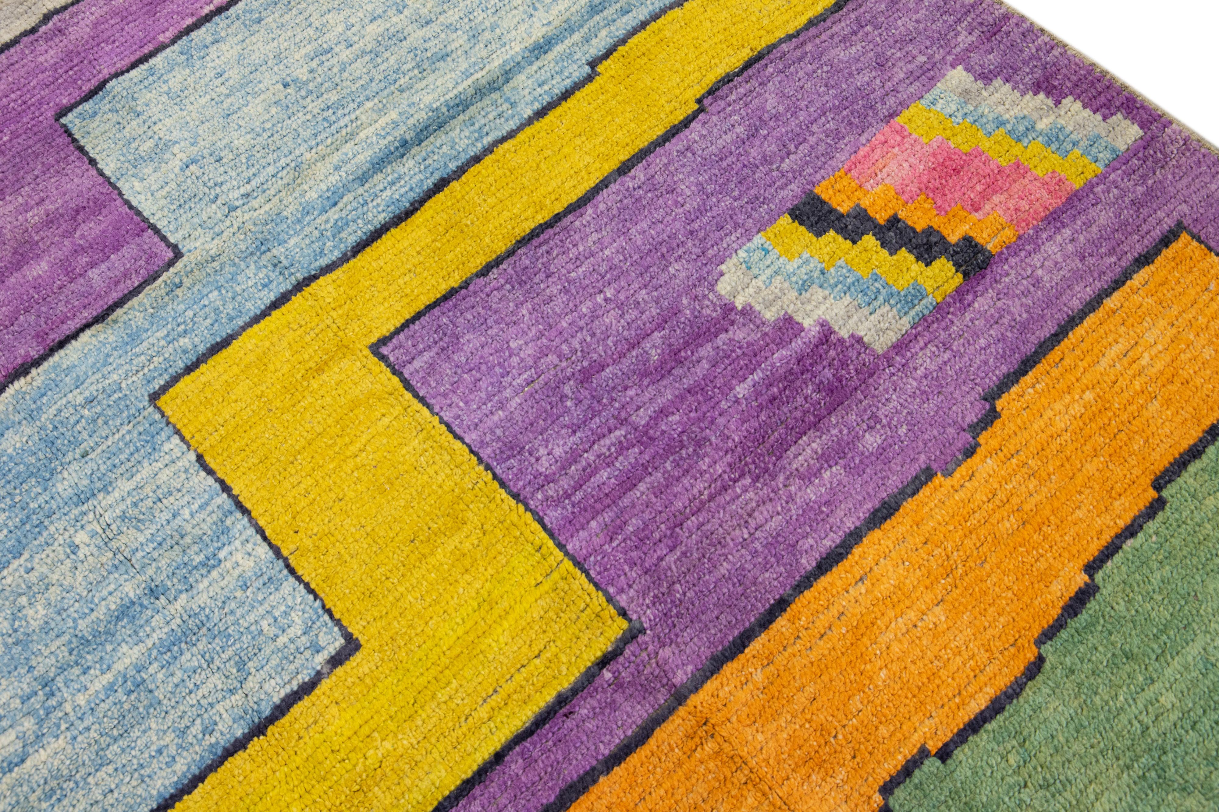 Modern Turkish Tulu Handmade Multicolor Geometric Motif Oversize Wool Rug For Sale 5