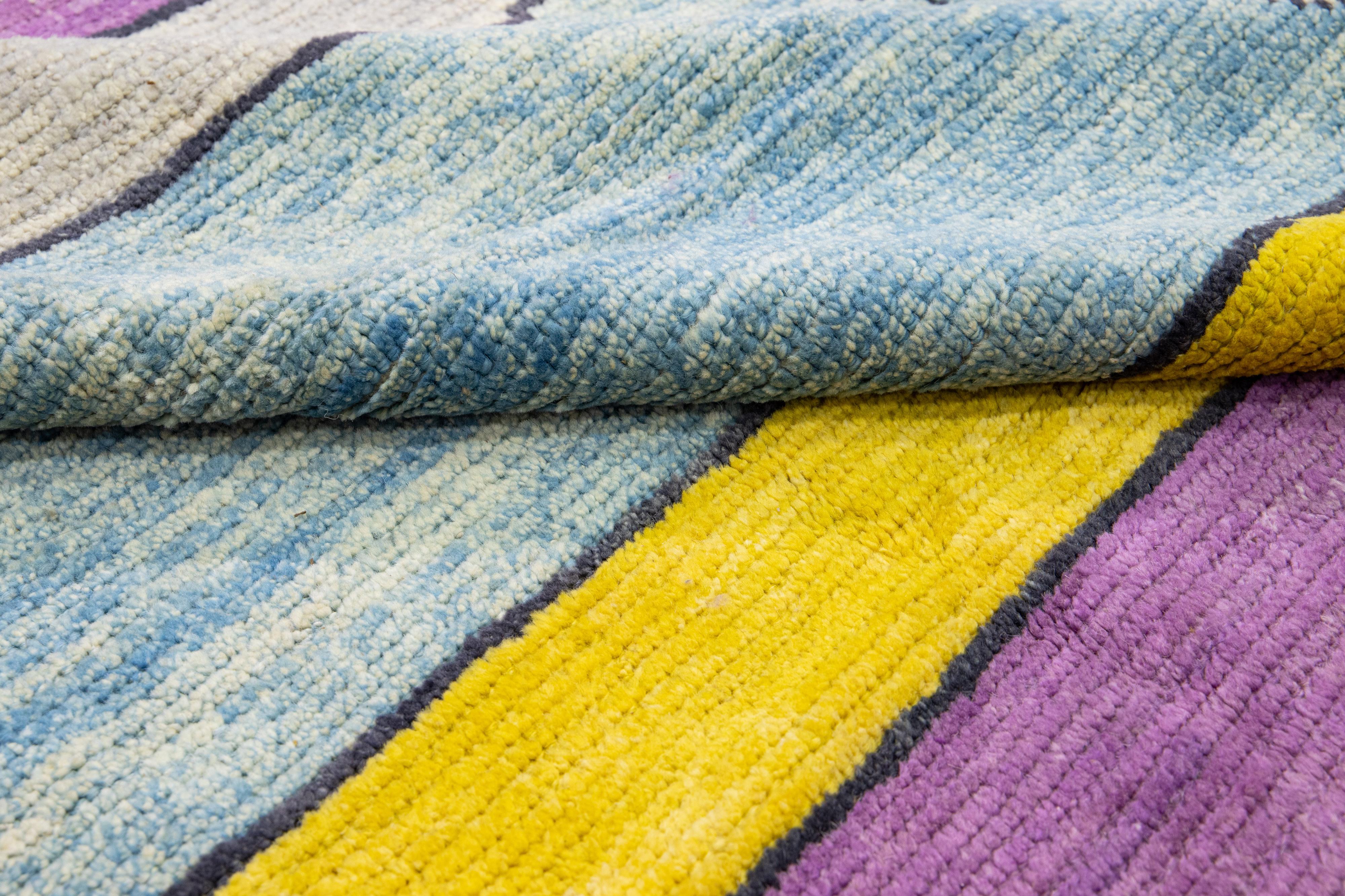 Modern Turkish Tulu Handmade Multicolor Geometric Motif Oversize Wool Rug For Sale 3