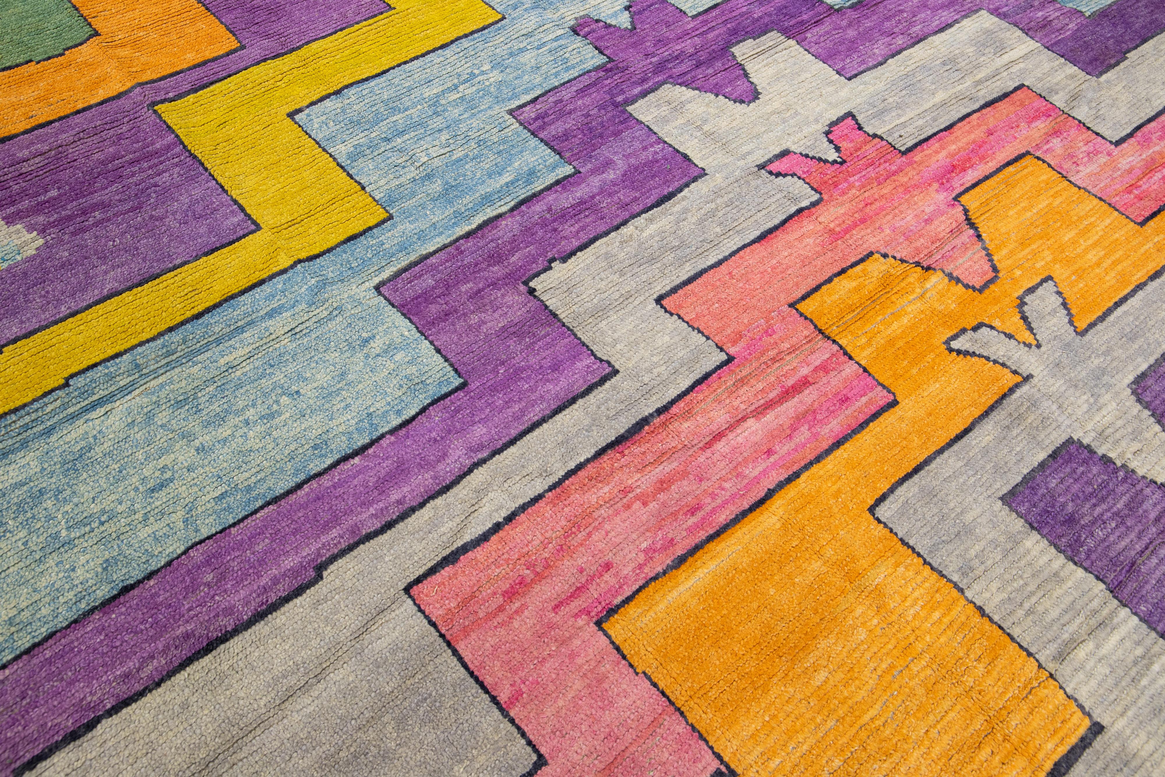 Modern Turkish Tulu Handmade Multicolor Geometric Motif Oversize Wool Rug For Sale 4
