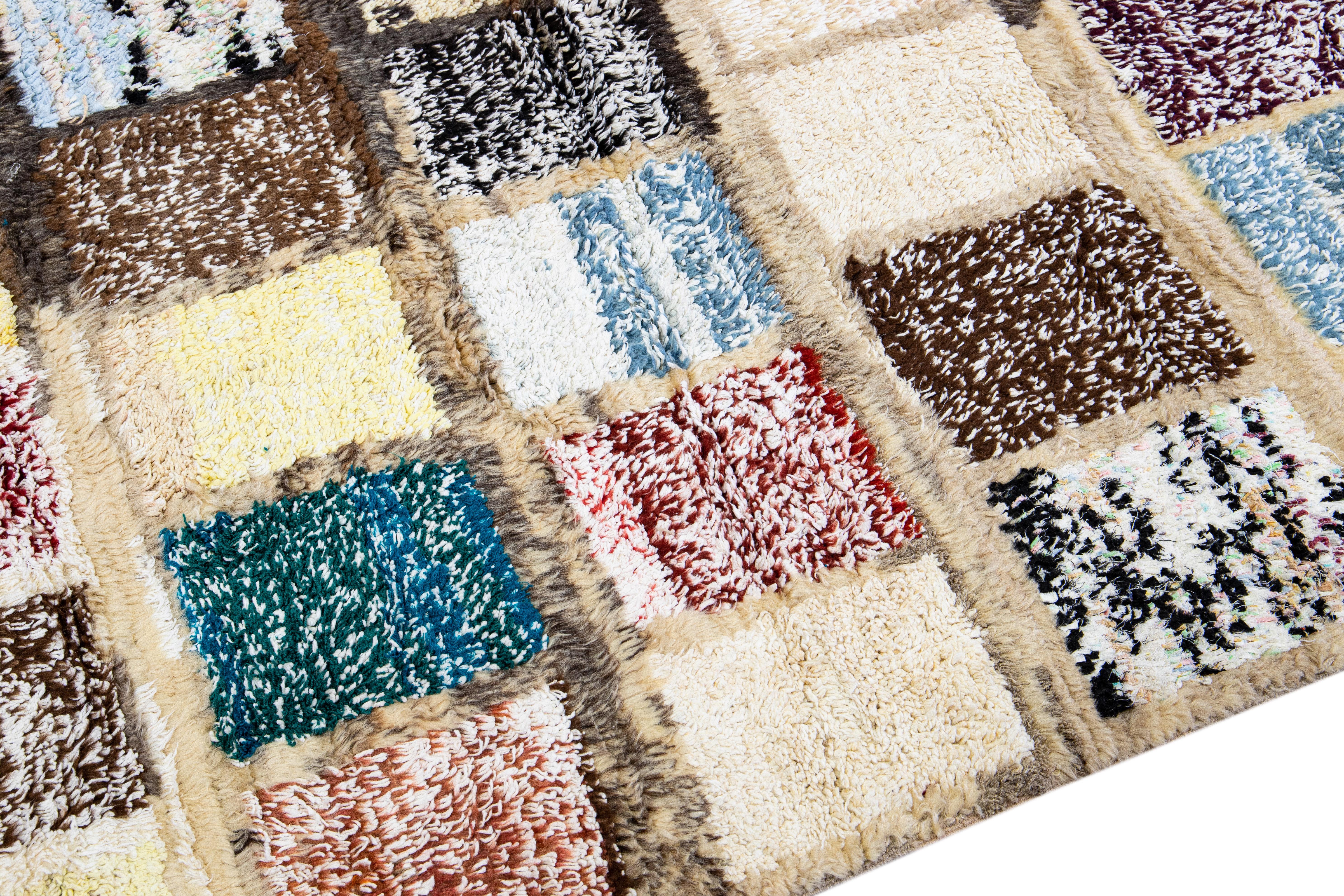 Modern Turkish Tulu Handmade Multicolor Square Pattern Beige Wool Rug For Sale 4