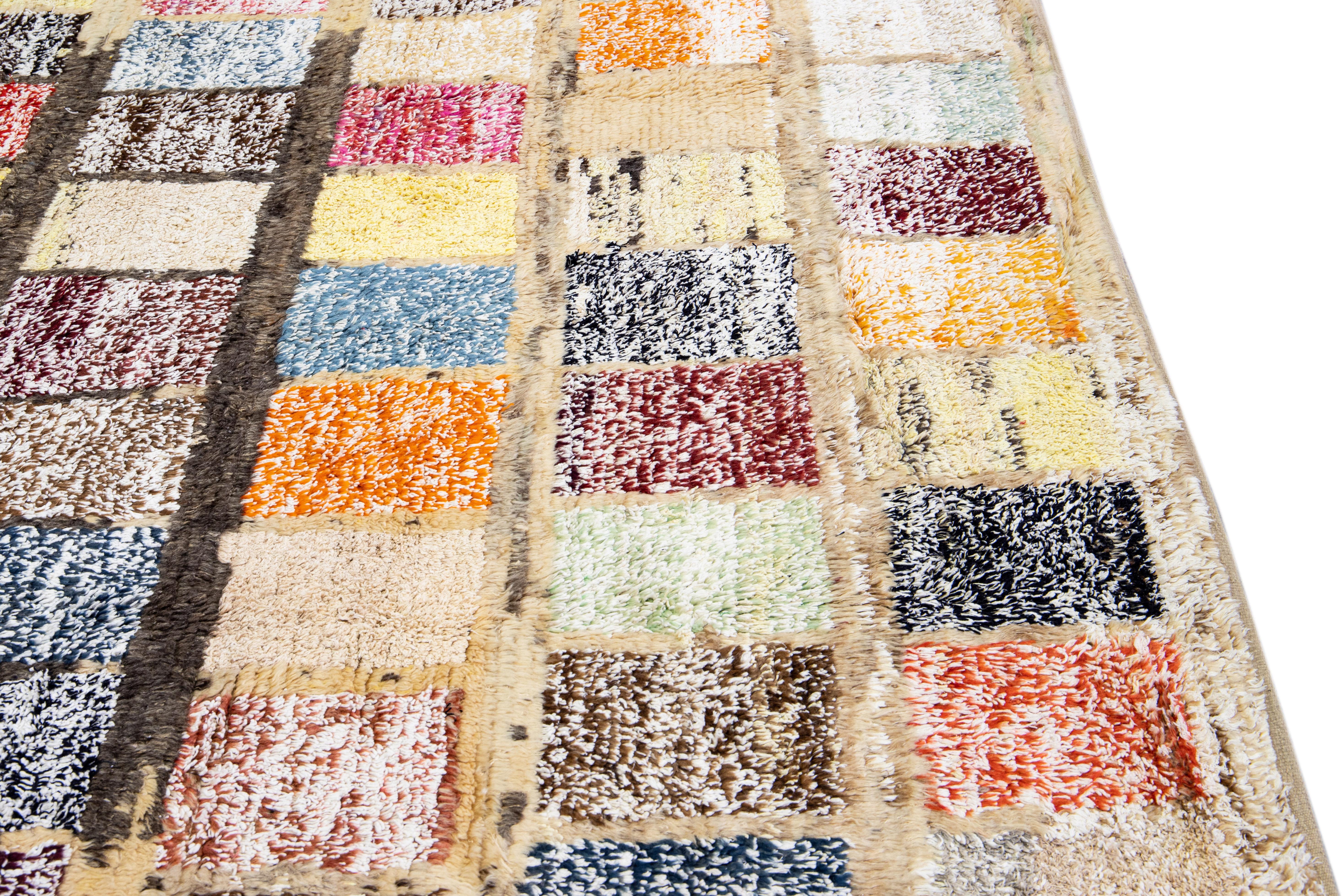 Modern Turkish Tulu Handmade Multicolor Square Pattern Beige Wool Rug For Sale 6