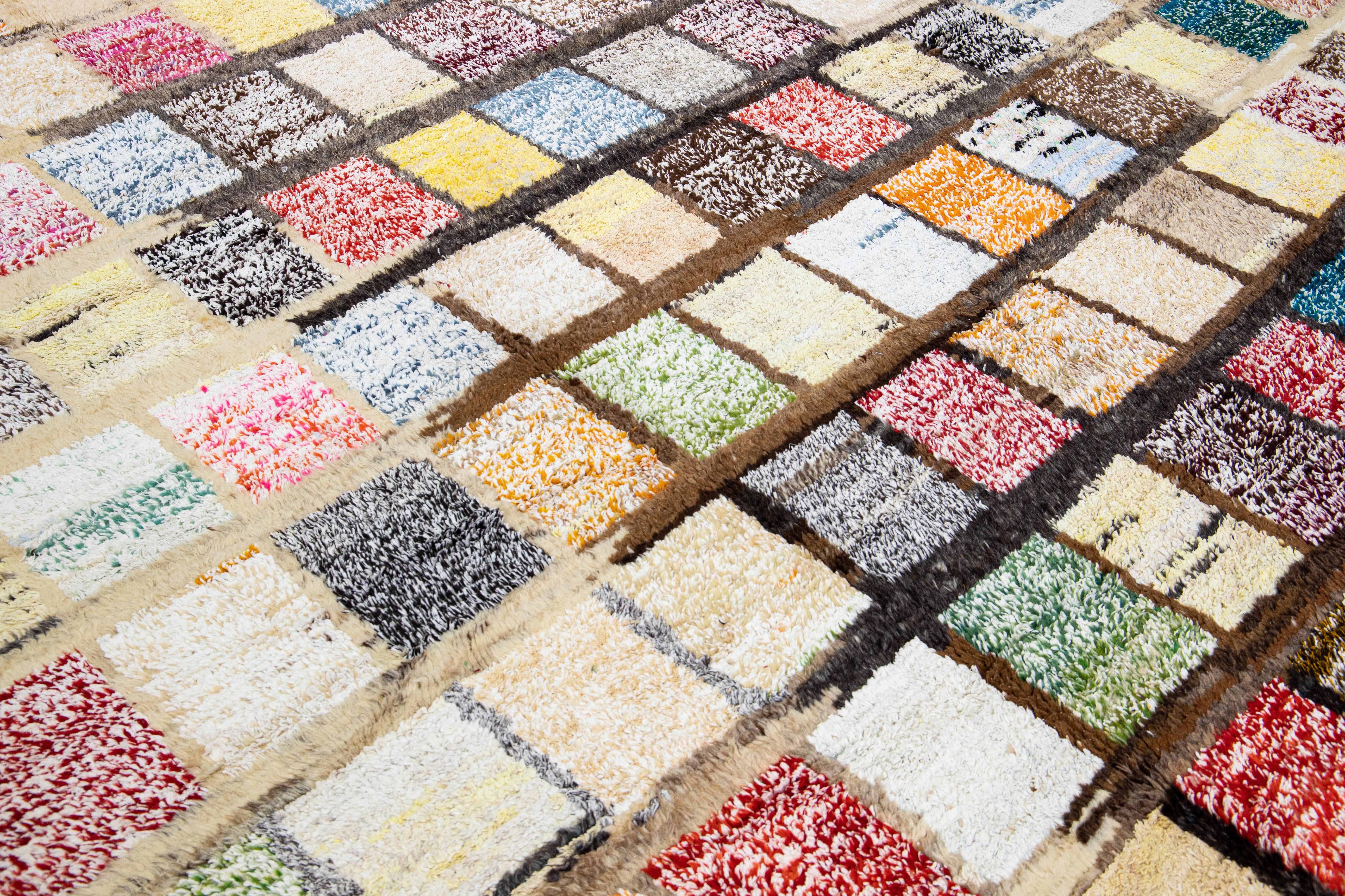 Modern Turkish Tulu Handmade Multicolor Square Pattern Beige Wool Rug For Sale 7