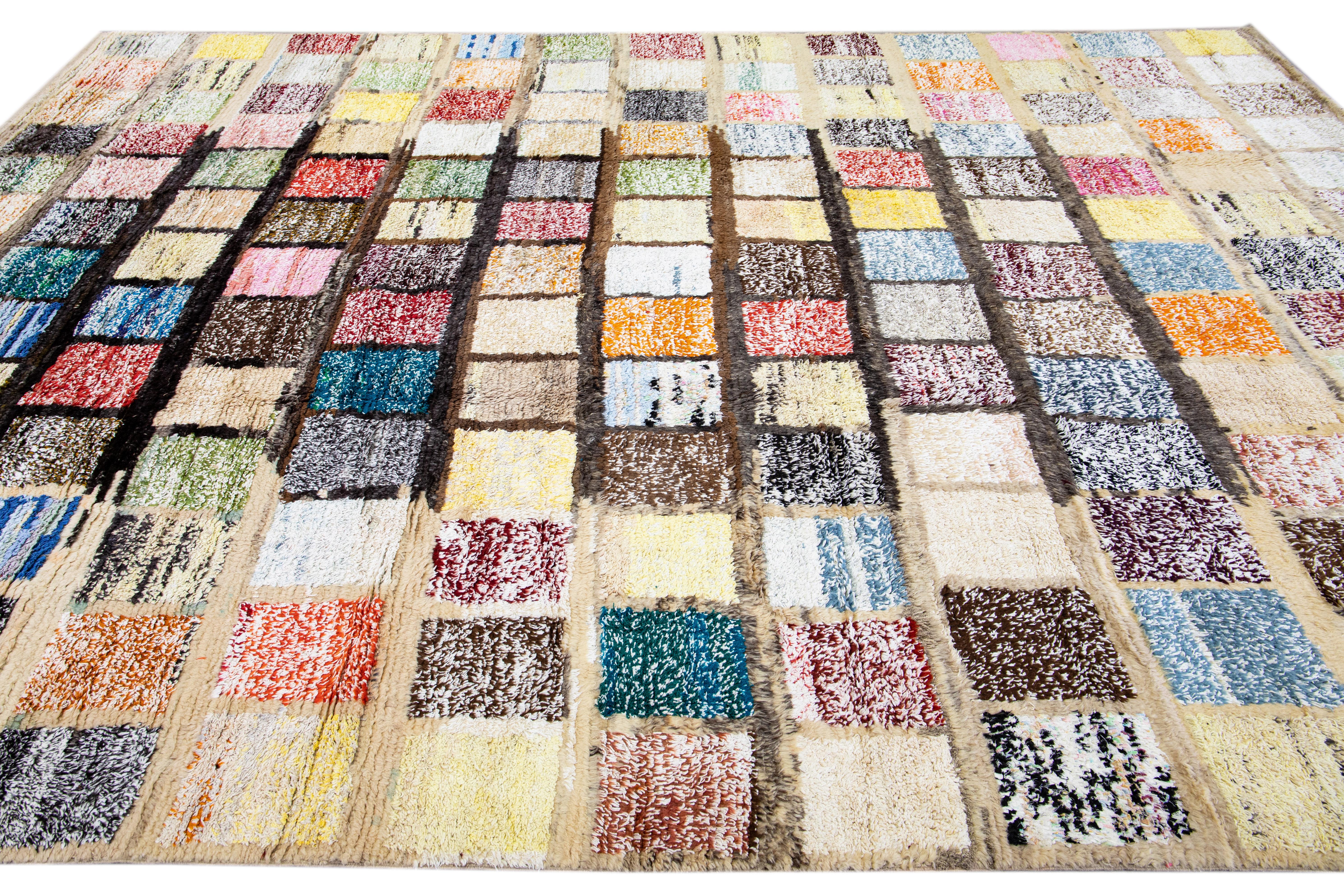 Modern Turkish Tulu Handmade Multicolor Square Pattern Beige Wool Rug For Sale 1