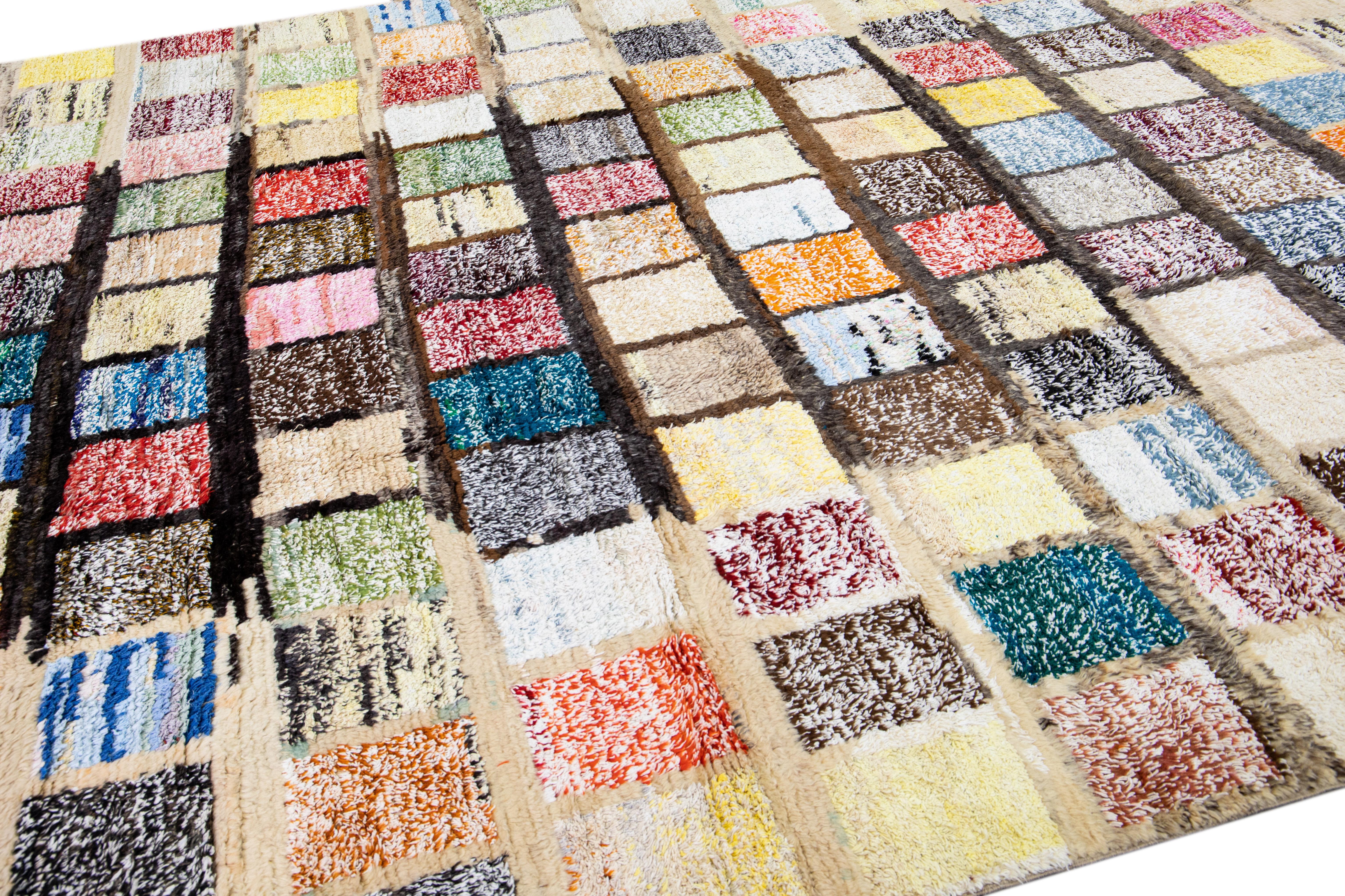 Modern Turkish Tulu Handmade Multicolor Square Pattern Beige Wool Rug For Sale 3