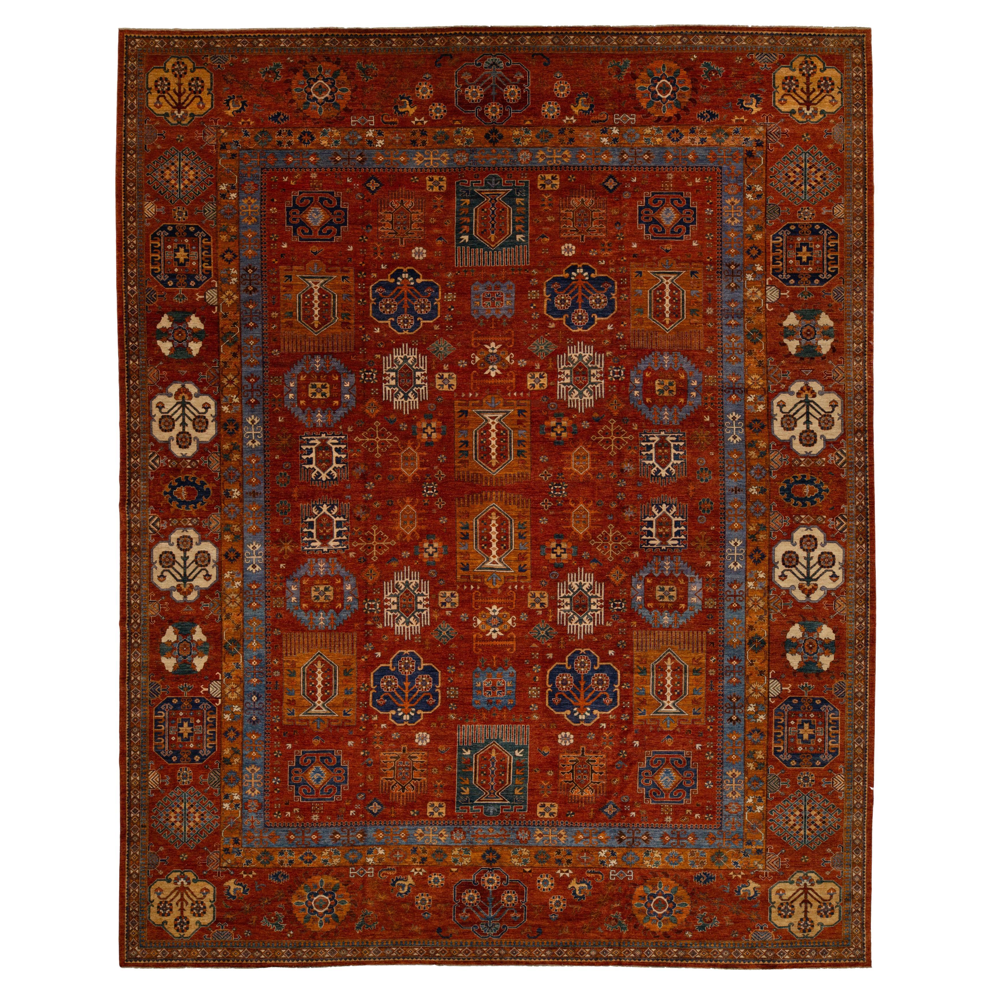 Modern Turkmen Style Oversized Wool Rug with Tribal Guls and Terracotta Red Tone For Sale