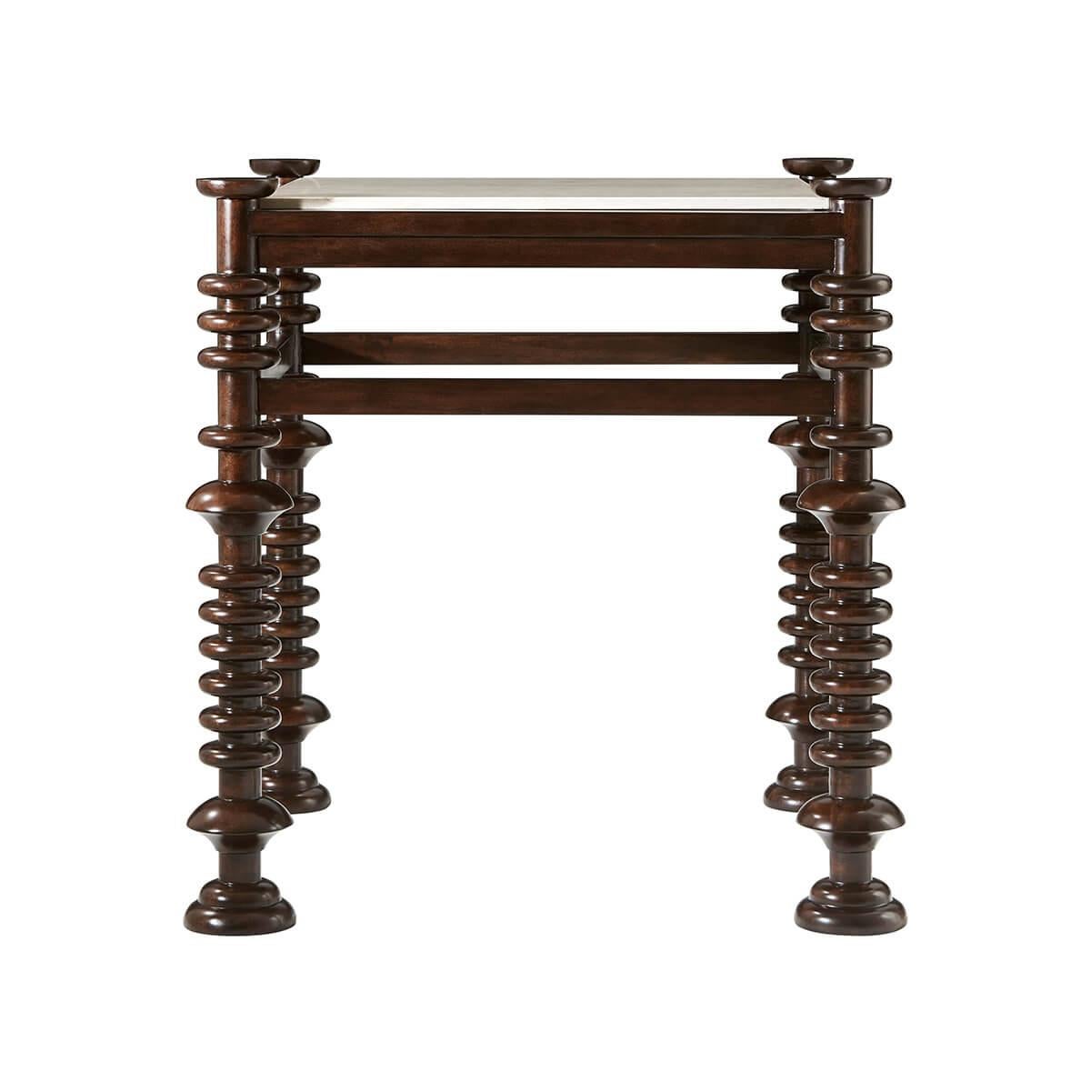 Modern Turned Leg Accent Table, a twist on a classic European Baroque design, turned and carved mahogany in our Cambrigde finish, with an inset marble top. 

The Crema Marfil stone top offsets and compliments the dark finish of the base. 