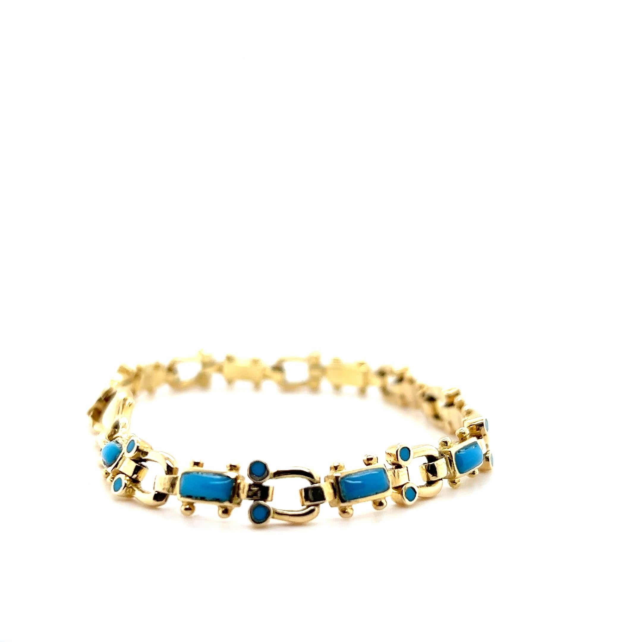 Modern Turquoise and 18k Yellow Gold Link Bracelet Bon état - En vente à Towson, MD