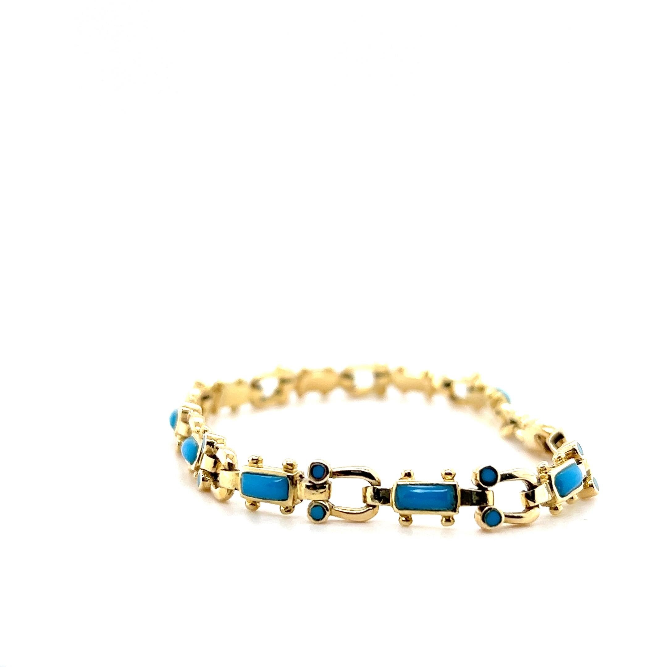 Modern Turquoise and 18k Yellow Gold Link Bracelet en vente 1