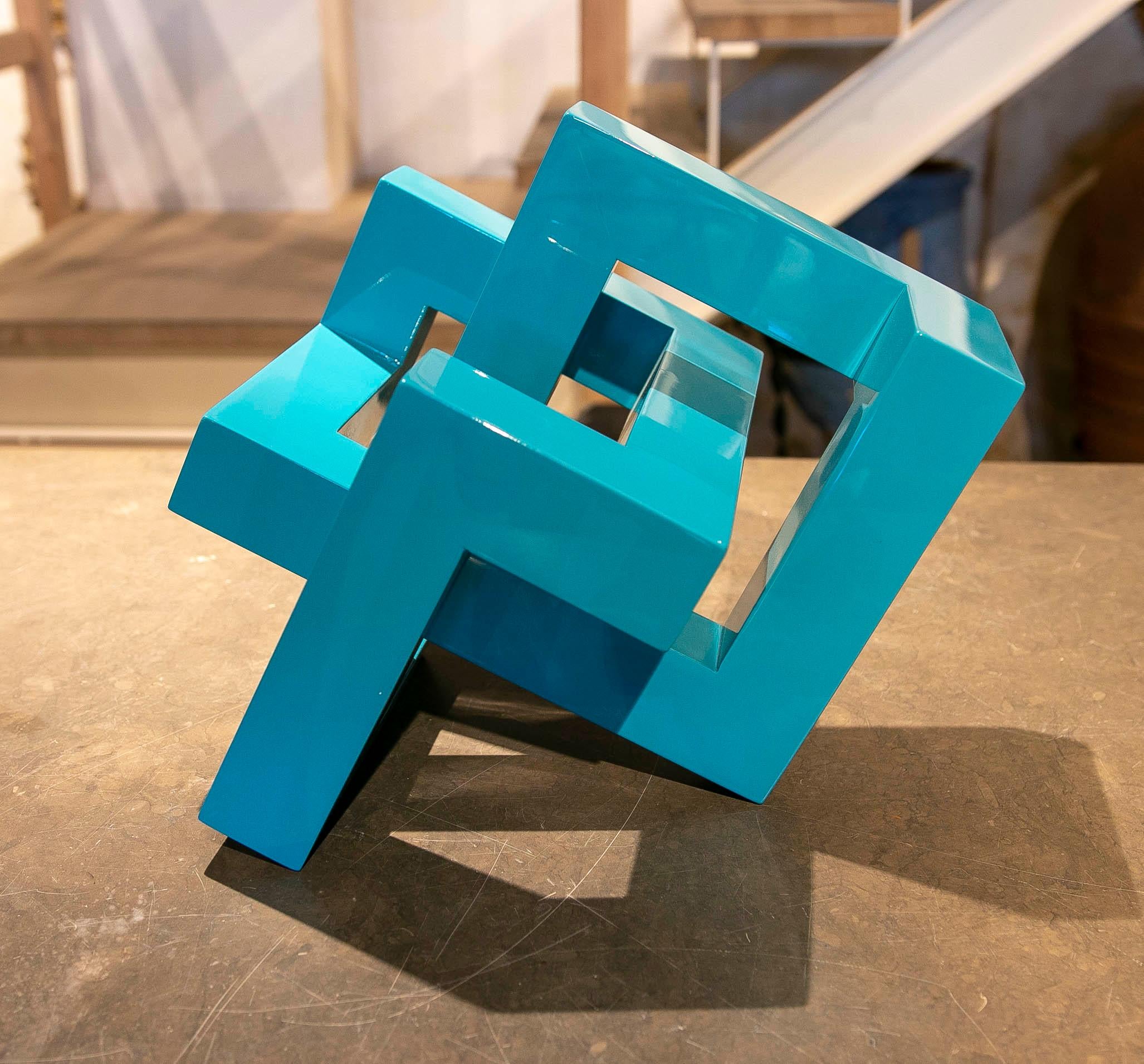 Spanish Modern Turquoise Blue Lacquered Wood Sculpture with Intertwined Straight Forms For Sale