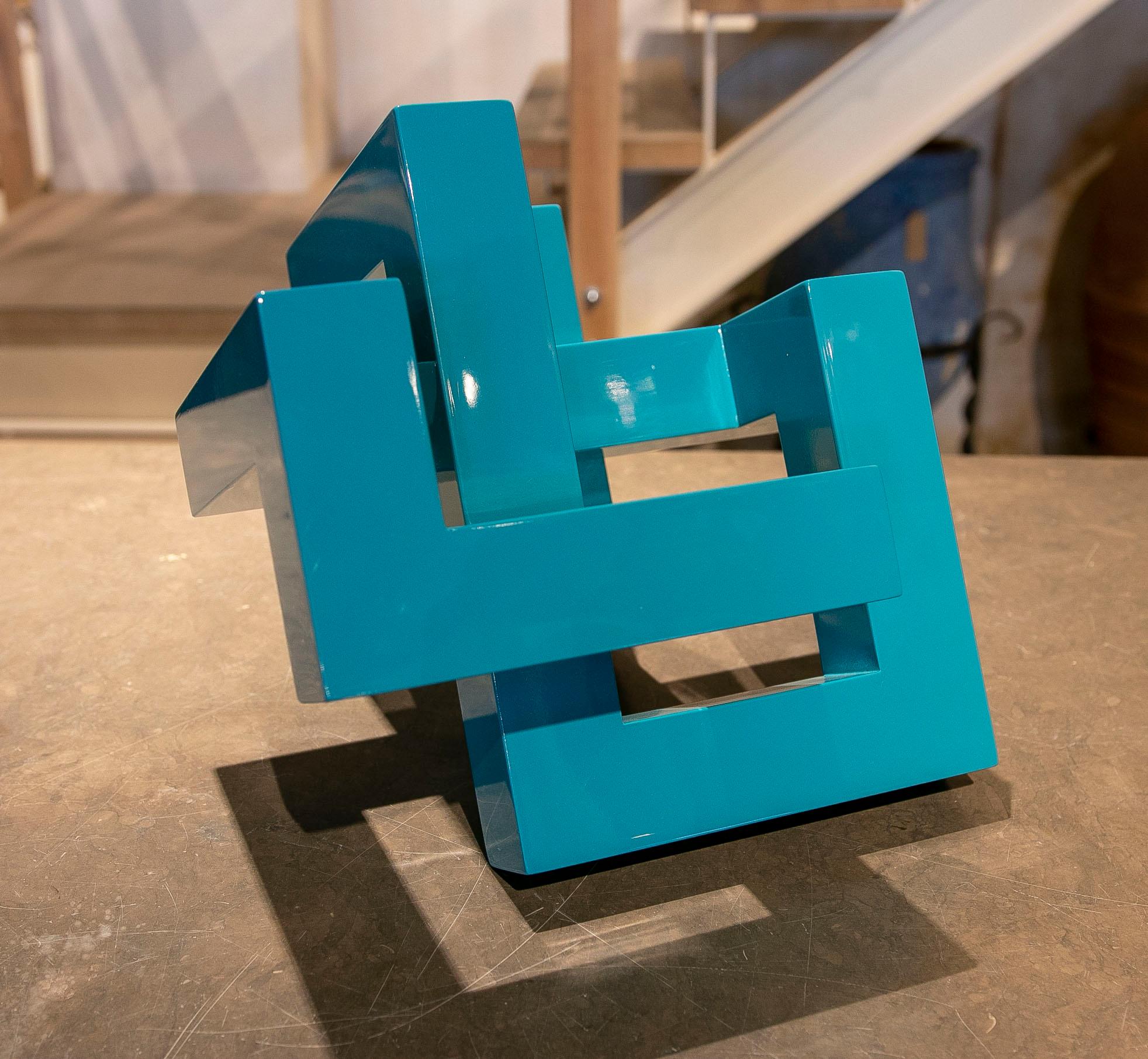 Contemporary Modern Turquoise Blue Lacquered Wood Sculpture with Intertwined Straight Forms For Sale