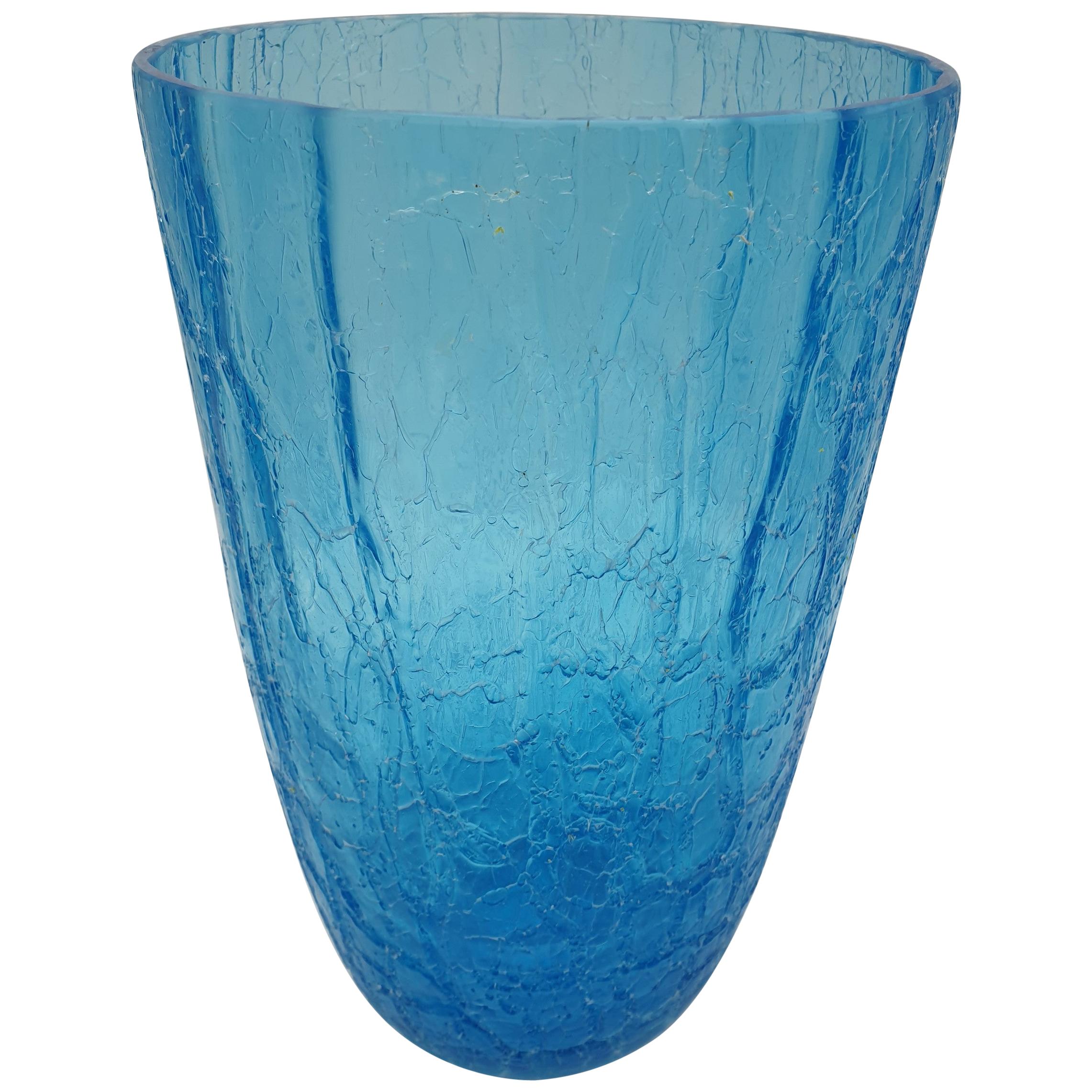 Modern Turquoise Blue Murano "Corroso" Crakle Glass Vase by Gino Cenedese, 1990s For Sale