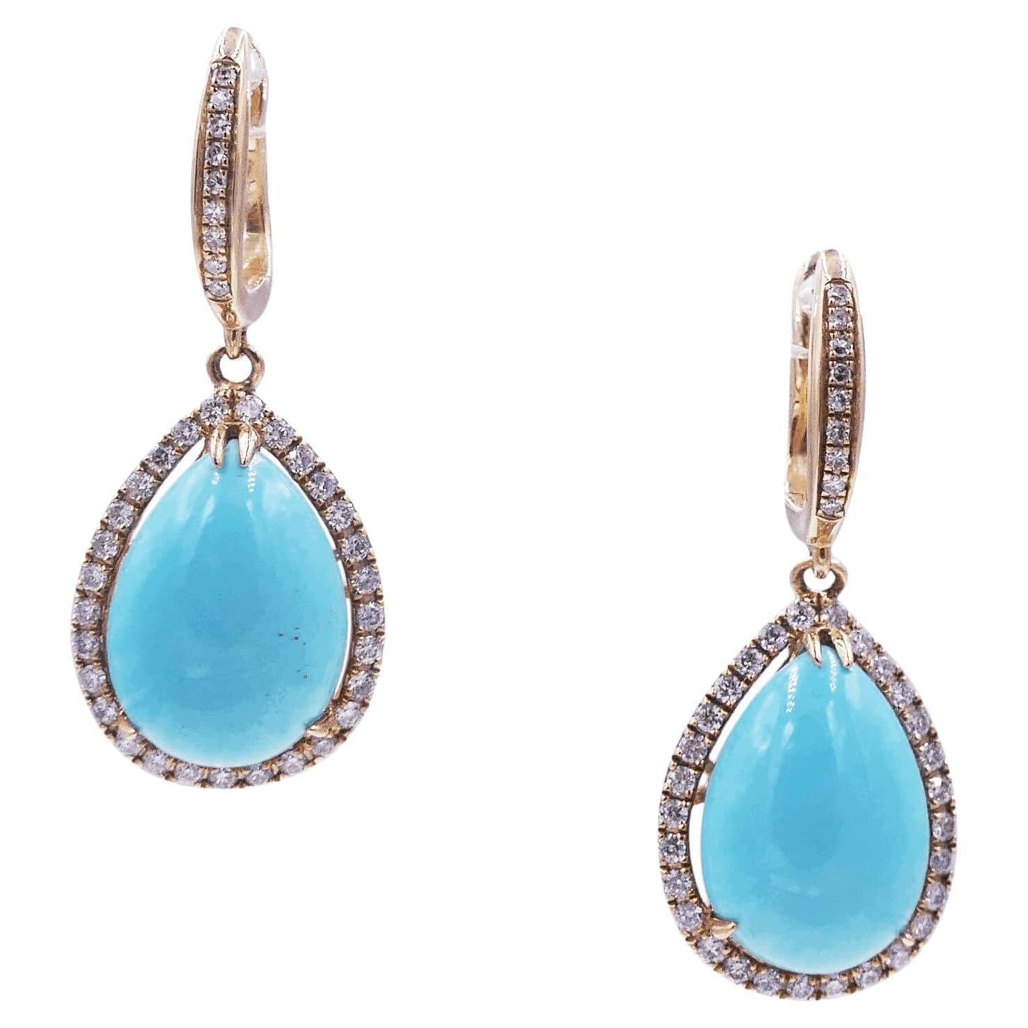 Modern Turquoise Drop Earrings set in Diamonds & 14K Yellow Gold 