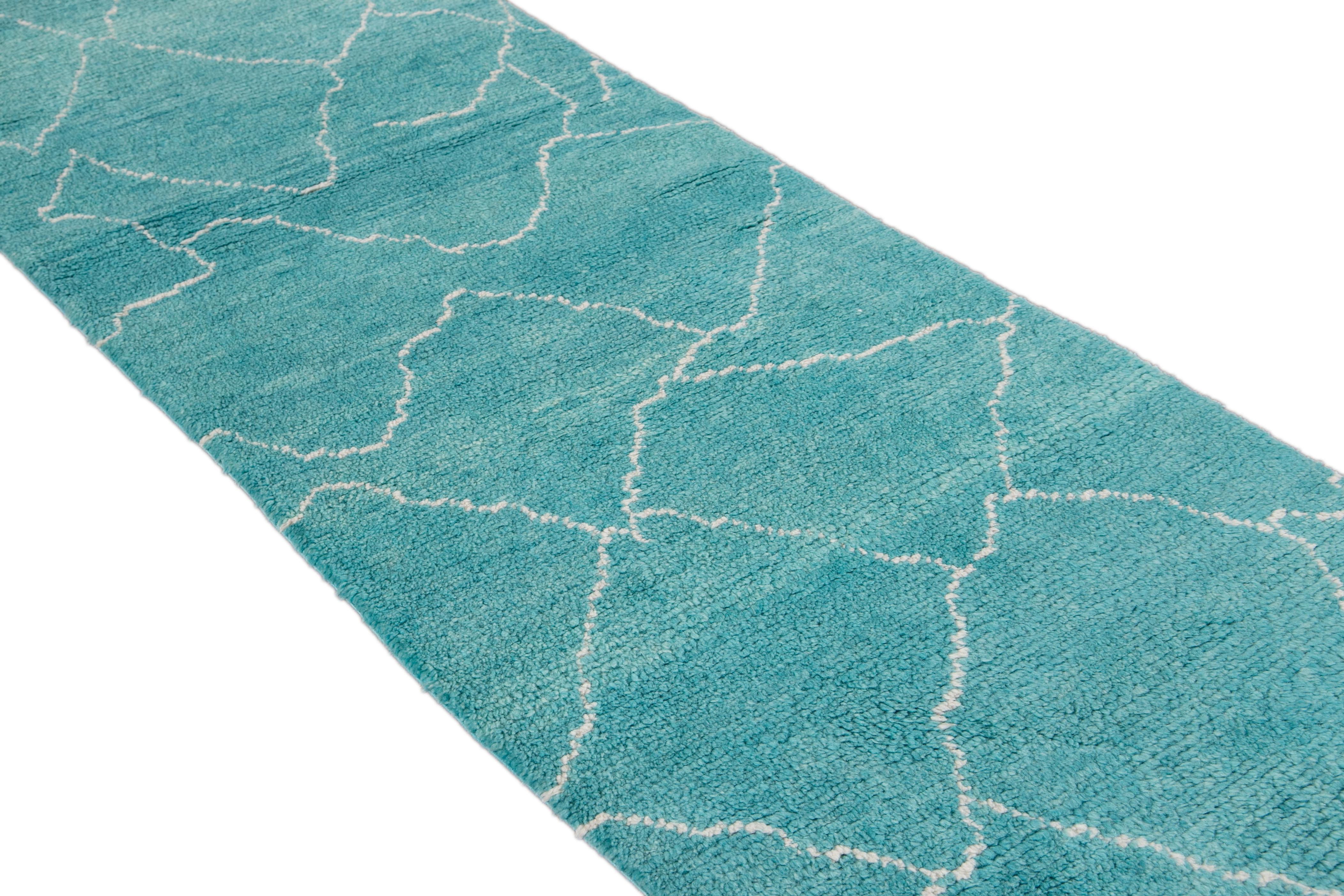 Modern Turquoise Moroccan Style Handmade Wool Runner For Sale 4