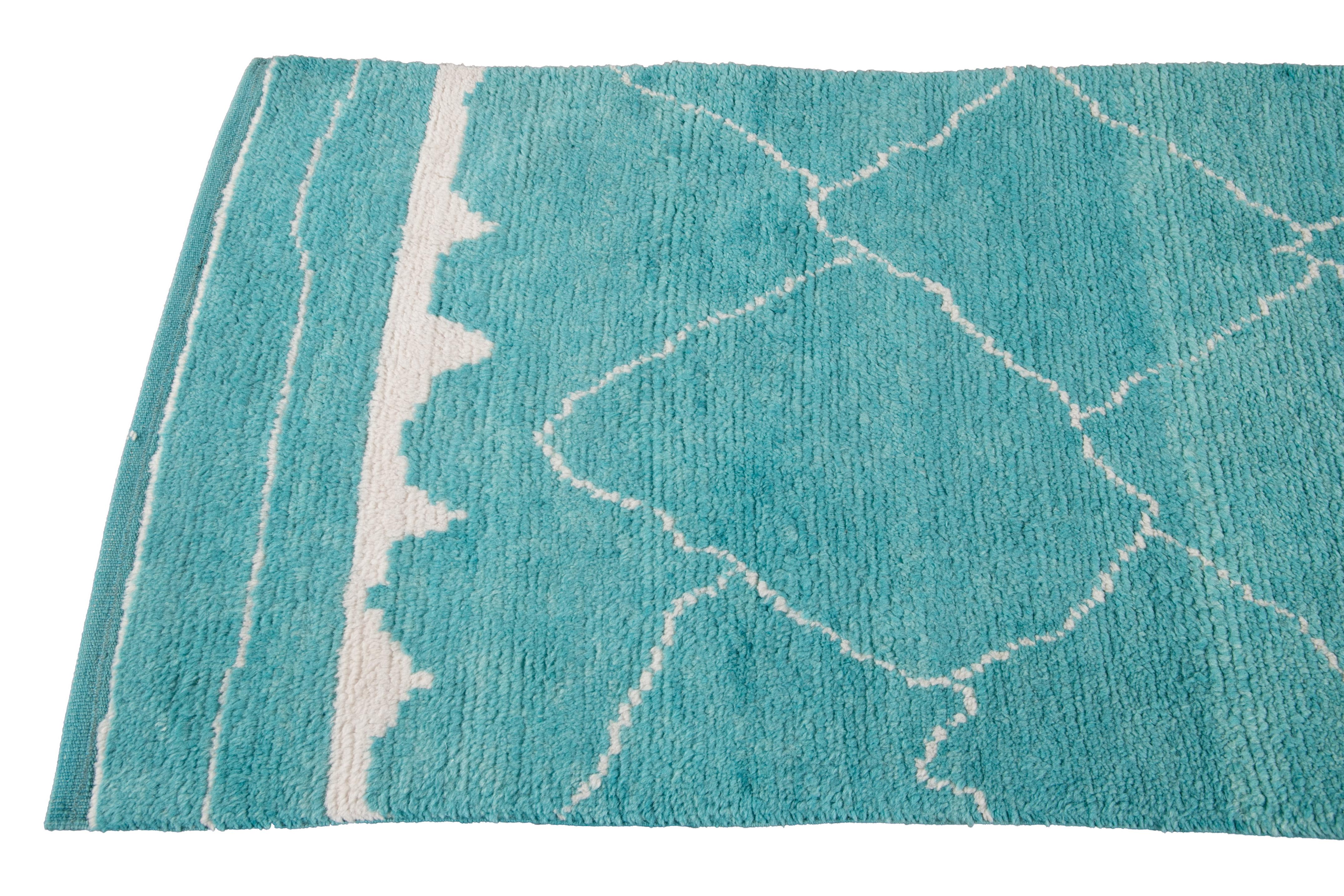 Hand-Knotted Modern Turquoise Moroccan Style Handmade Wool Runner For Sale