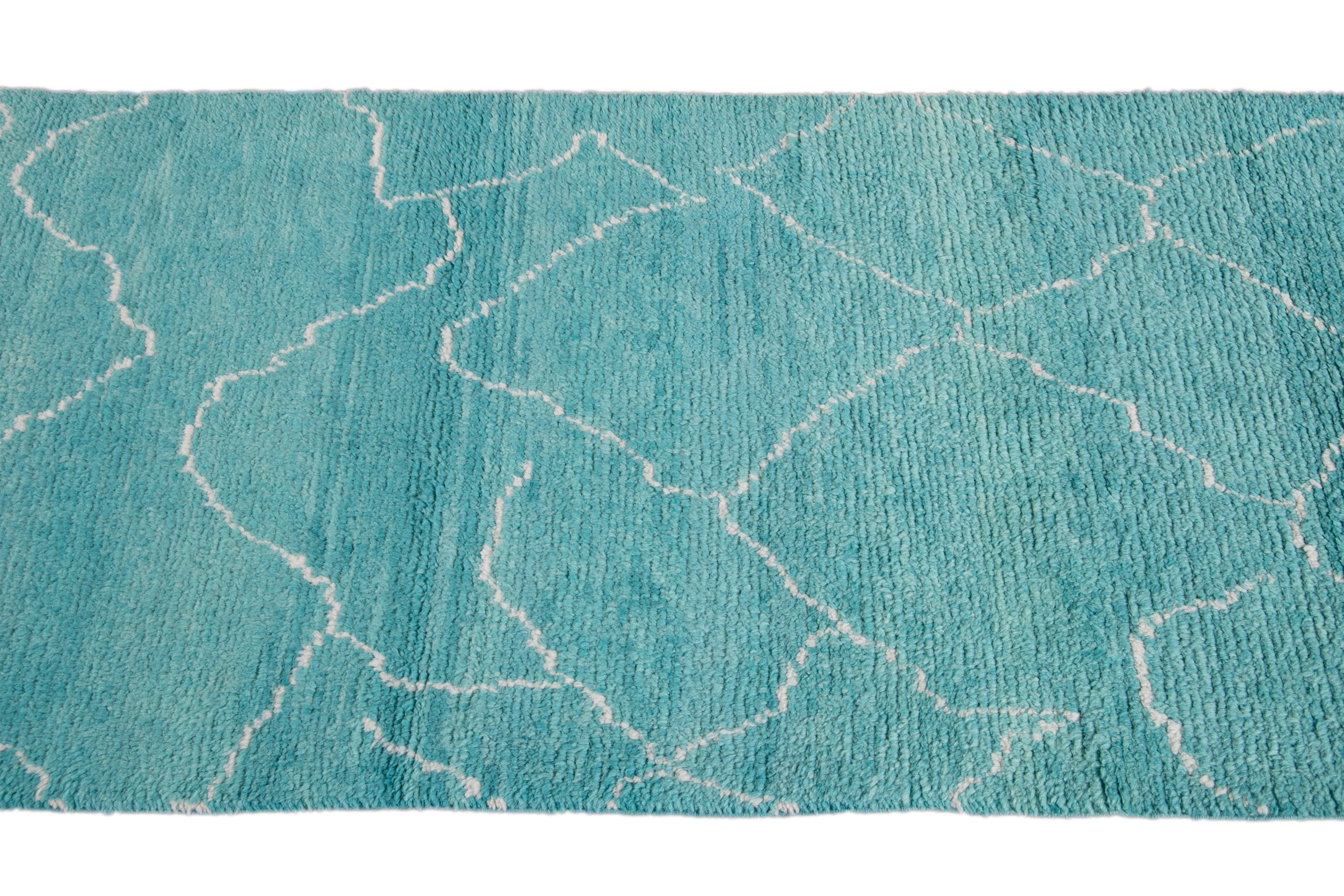 Modern Turquoise Moroccan Style Handmade Wool Runner For Sale 1