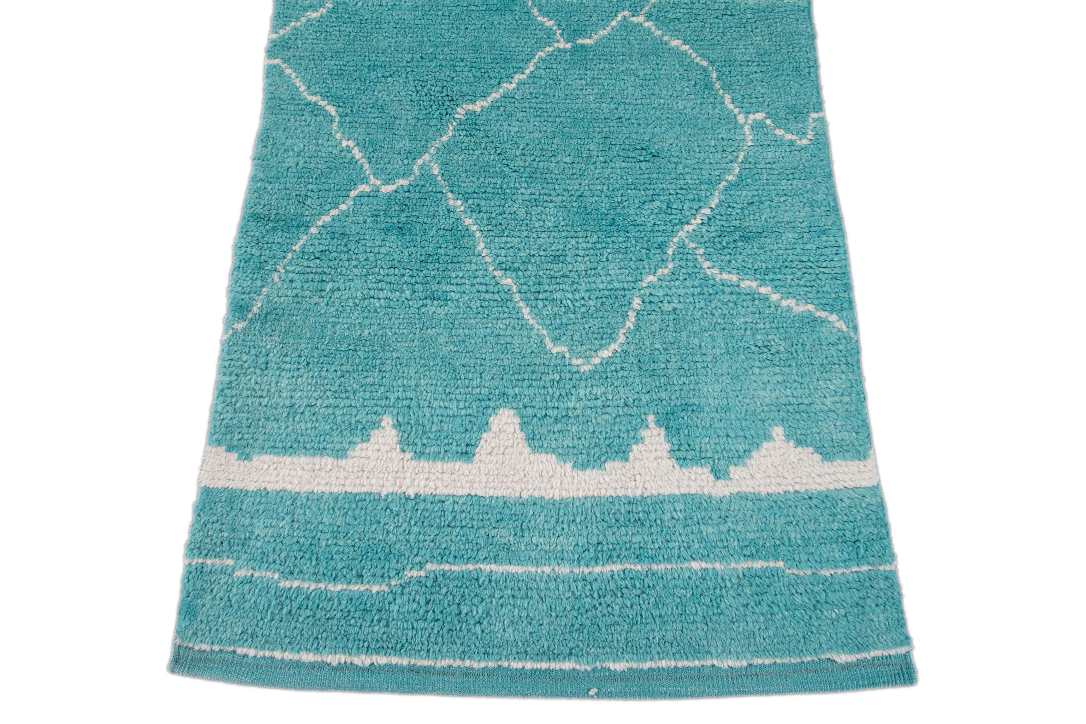 Modern Turquoise Moroccan Style Handmade Wool Runner For Sale 2
