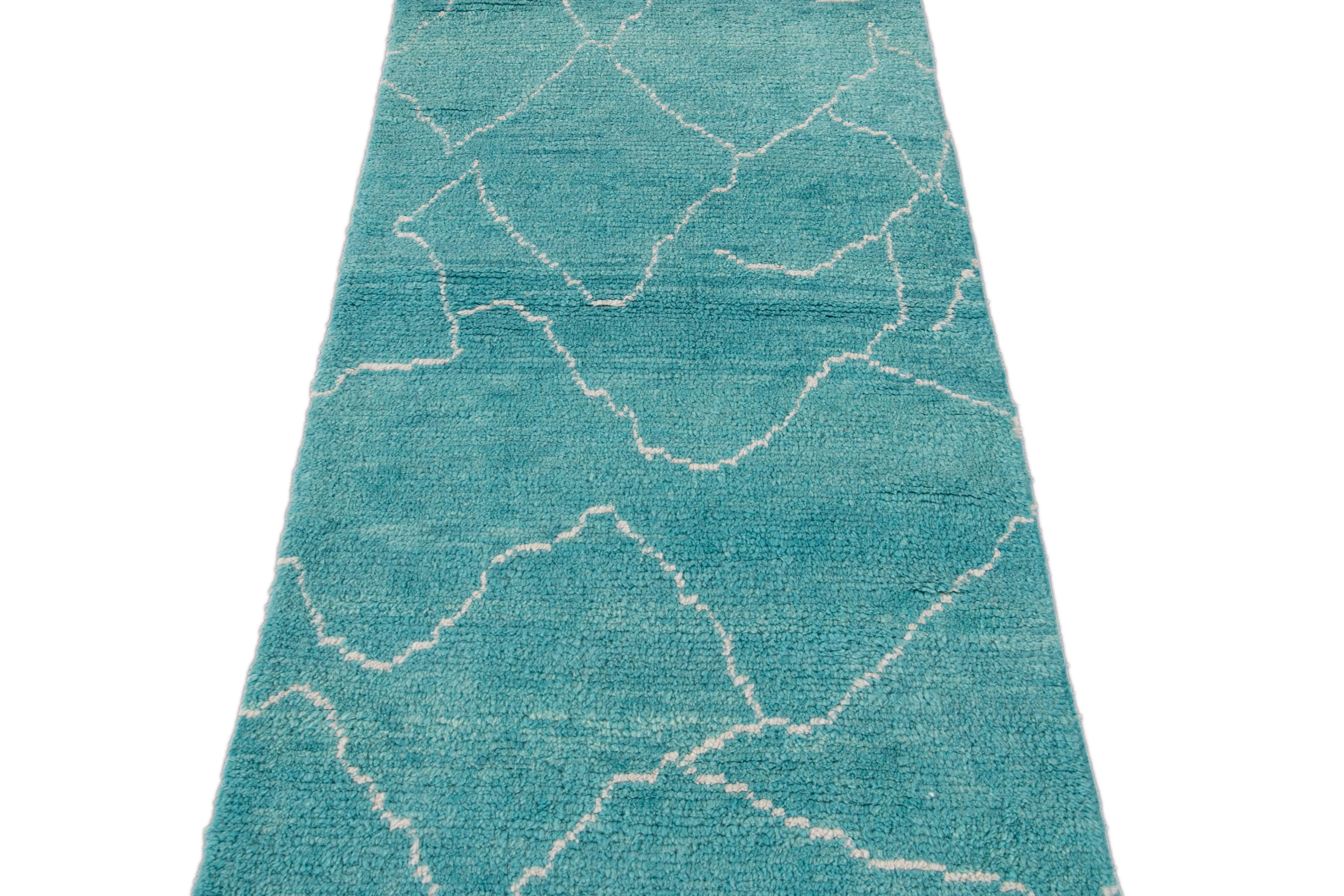 Modern Turquoise Moroccan Style Handmade Wool Runner For Sale 3