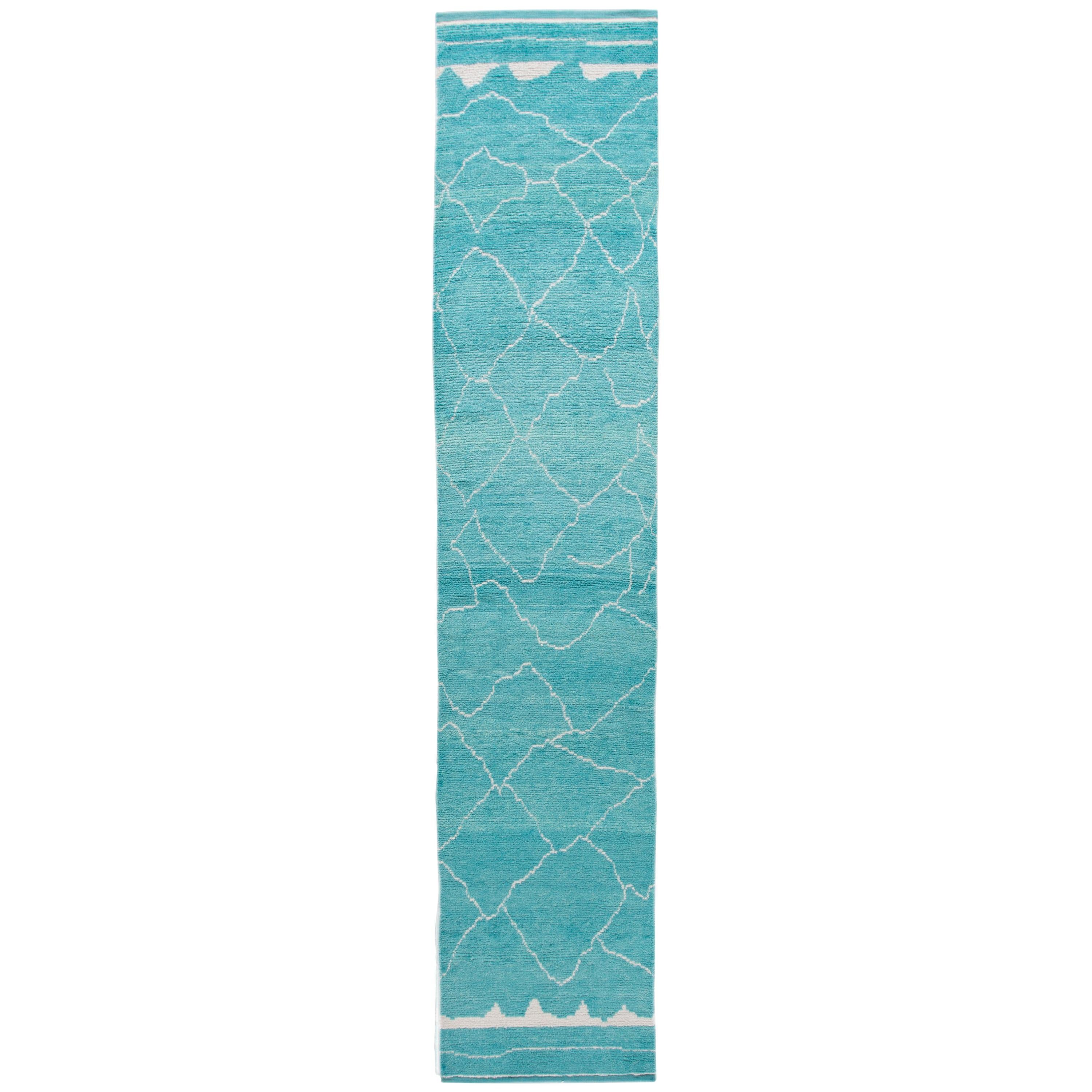 Modern Turquoise Moroccan Style Handmade Wool Runner For Sale