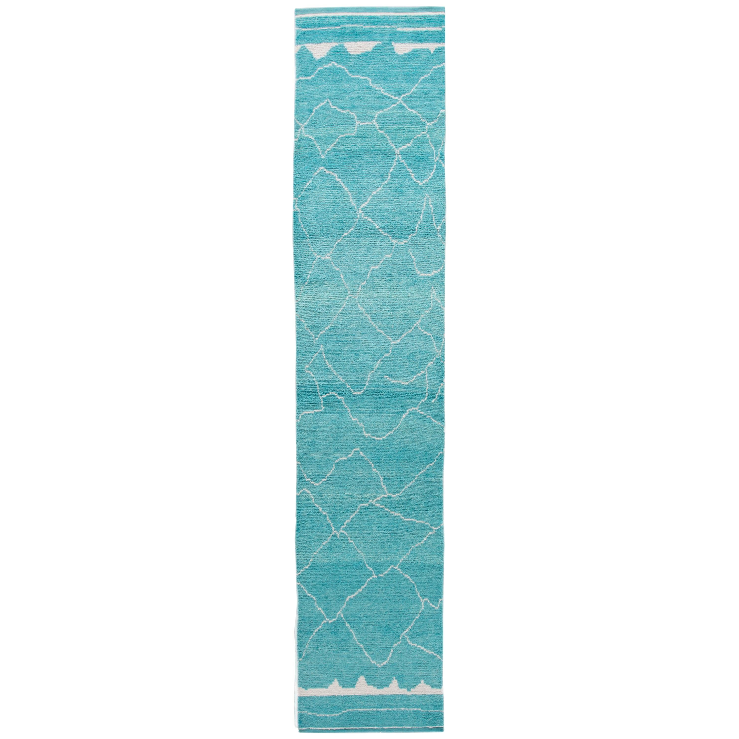 Tapis de couloir moderne en laine turquoise de style marocain fait à la main en vente