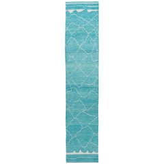 Tapis de couloir moderne en laine turquoise de style marocain fait à la main