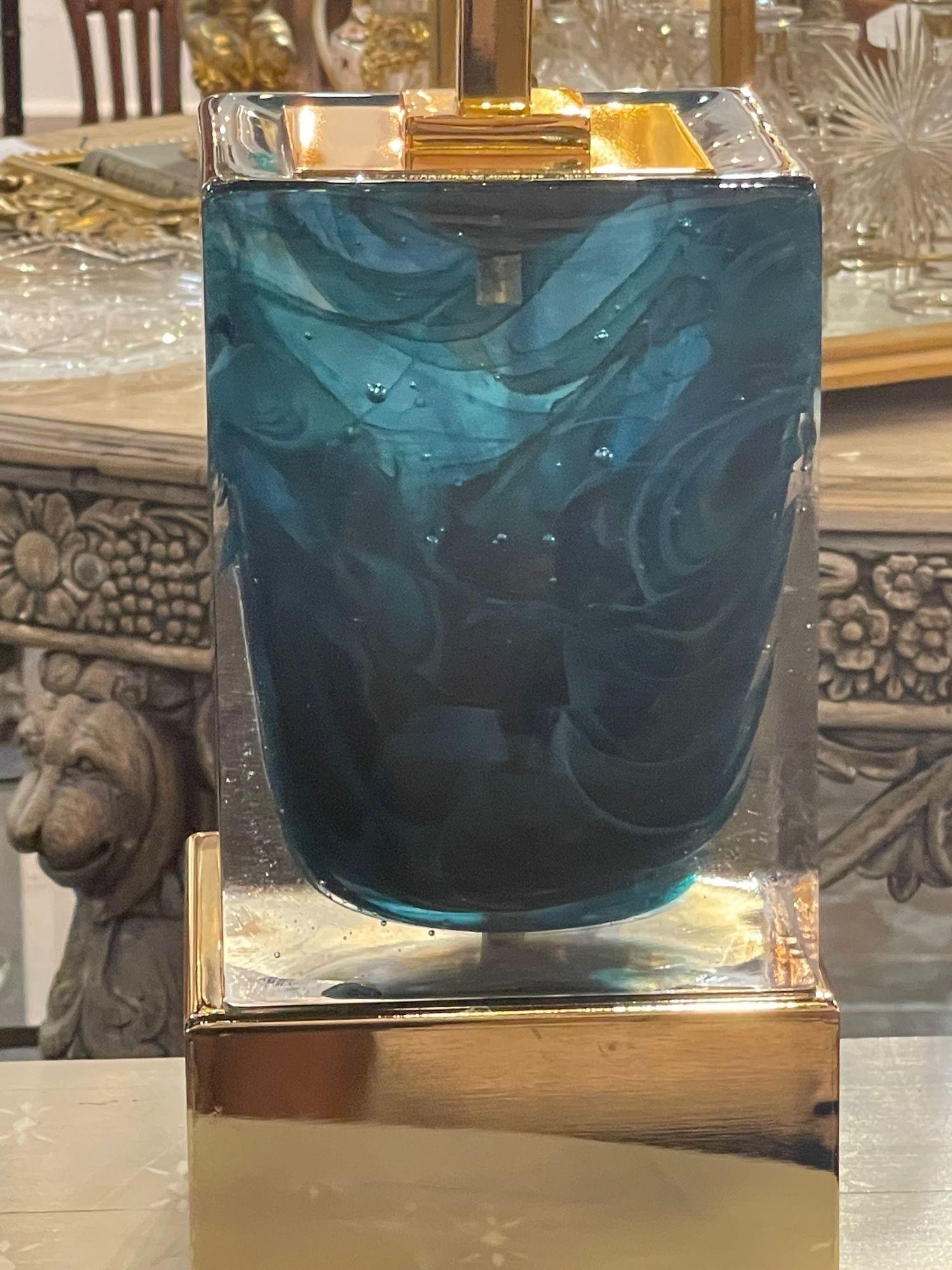 Modern Turquoise Murano Glass Block Lamps In Good Condition For Sale In Dallas, TX