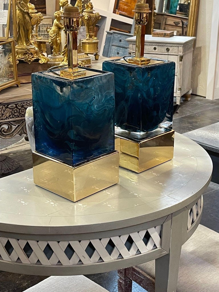 Modern Turquoise Murano Glass Block Lamps For Sale at 1stDibs