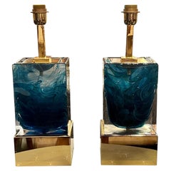 Modern Turquoise Murano Glass Block Lamps