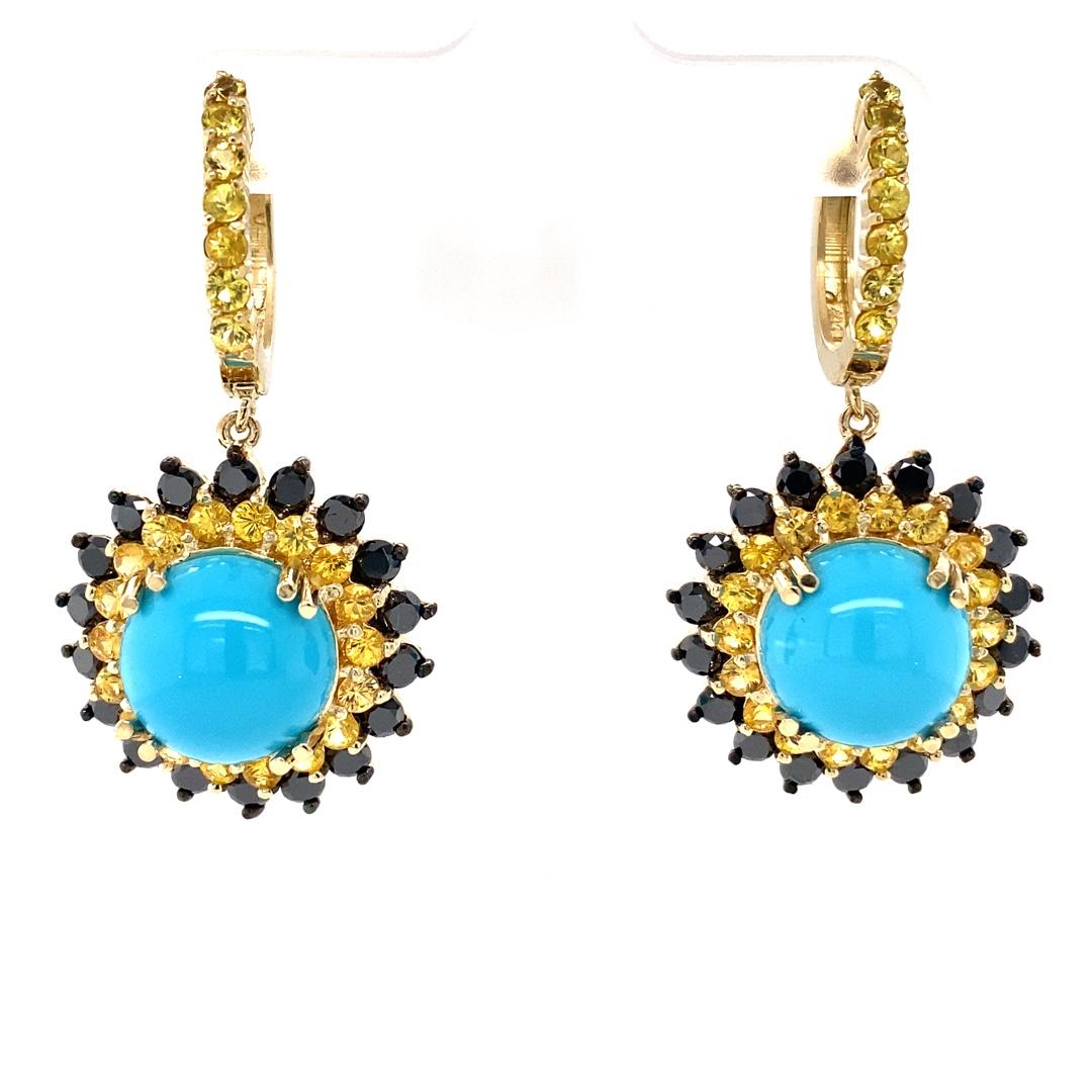 Moderne Pendants d'oreilles modernes en or jaune 14K avec turquoise, saphir à taille ronde et diamant noir en vente