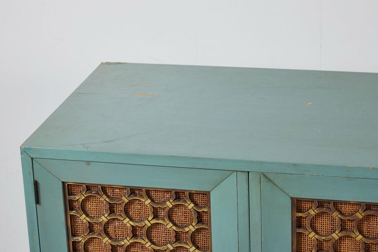 Wood Modern Turquoise-Stained Three-Part Side Cabinet