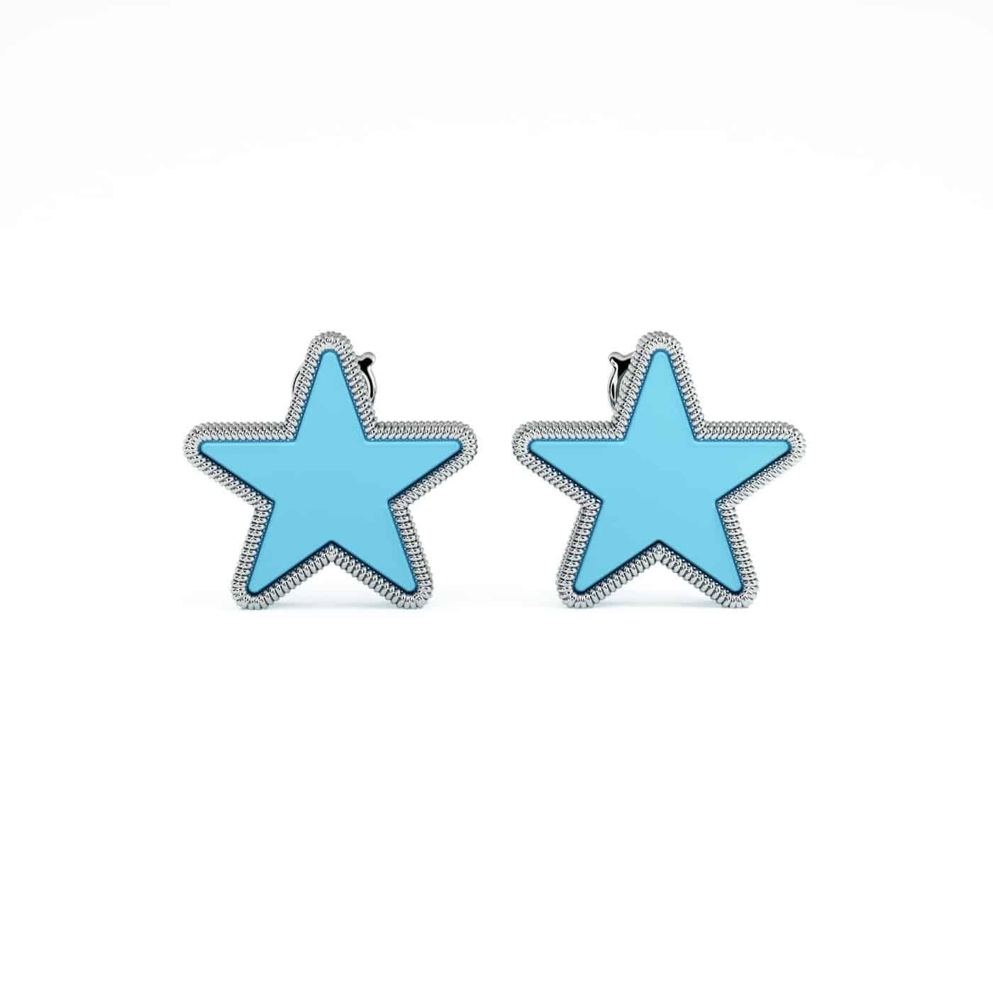 Mixed Cut Modern Turquoise Star Earrings Set in 18K Gold For Sale