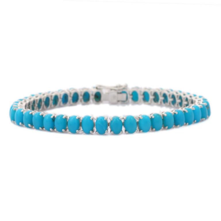 Modern Turquoise Tennis Bracelet in sterling silver showcases endlessly sparkling natural turquoise, It measures 7 inches long in length. 
Turquoise stimulate concentration and reduces stress. 
Designed with perfect oval cut turquoise set in