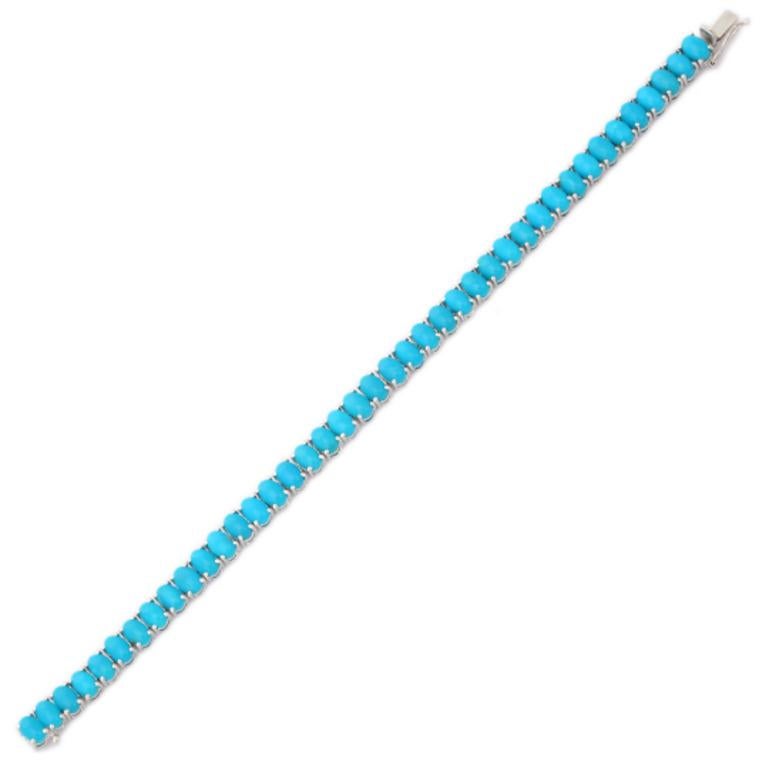 Oval Cut Modern Turquoise Tennis Bracelet for Mothers Day Gift Crafted in Sterling Silver For Sale