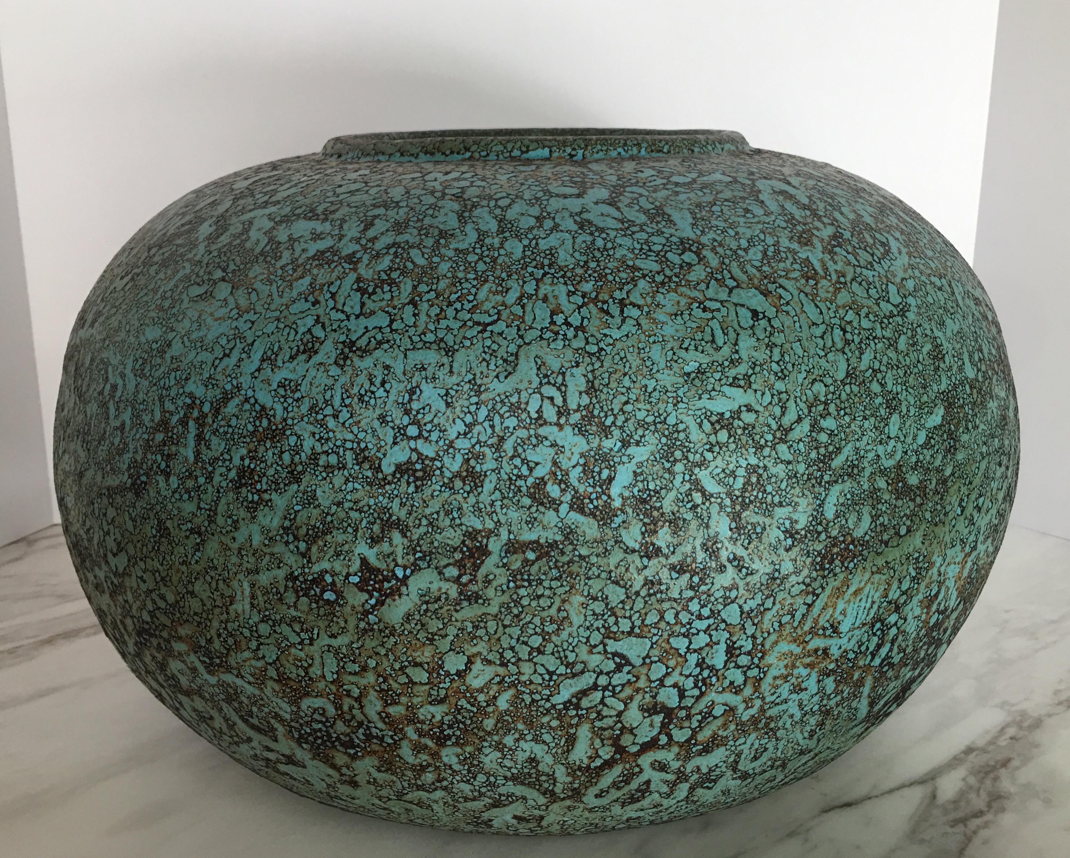 Modern Turquoise Terracotta Pottery Vessel Bowl In Good Condition In Lambertville, NJ