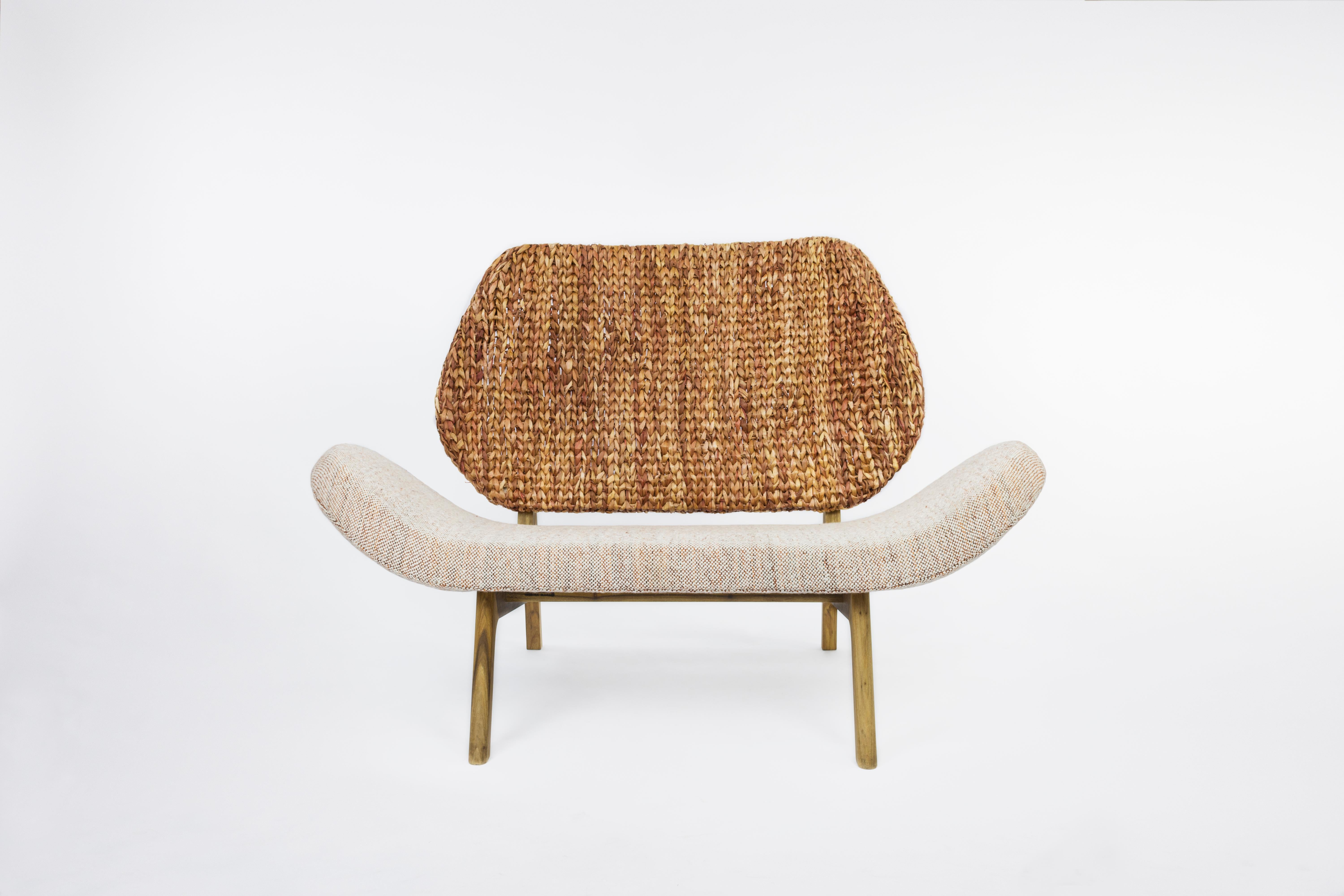 Matteo Fogale and Carolina Palombo’s sinuous, high-backed chair for two is a tribute to Vilamajo’s iconic 1945 structure Ventorrillo de la Buena Vista (a hostel and restaurant), made entirely from local materials: stone, straw and wood.
Like the
