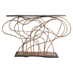 Modern Twisted Brass Wire Console with Patinated Wood Details
