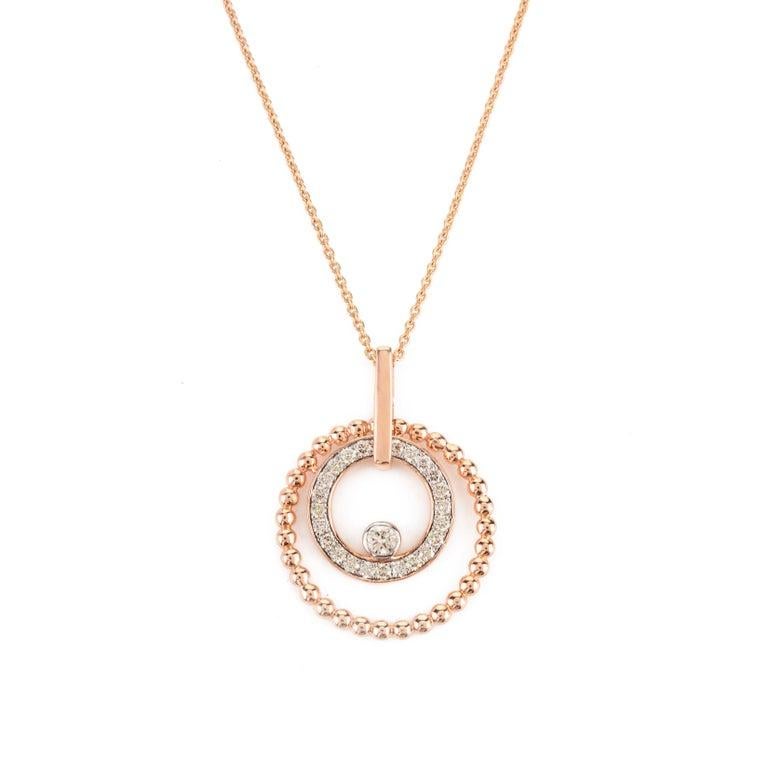 Women's Modern Two Circle Spiral Diamond Pendant Necklace 14k Rose Gold Fine Jewelry For Sale