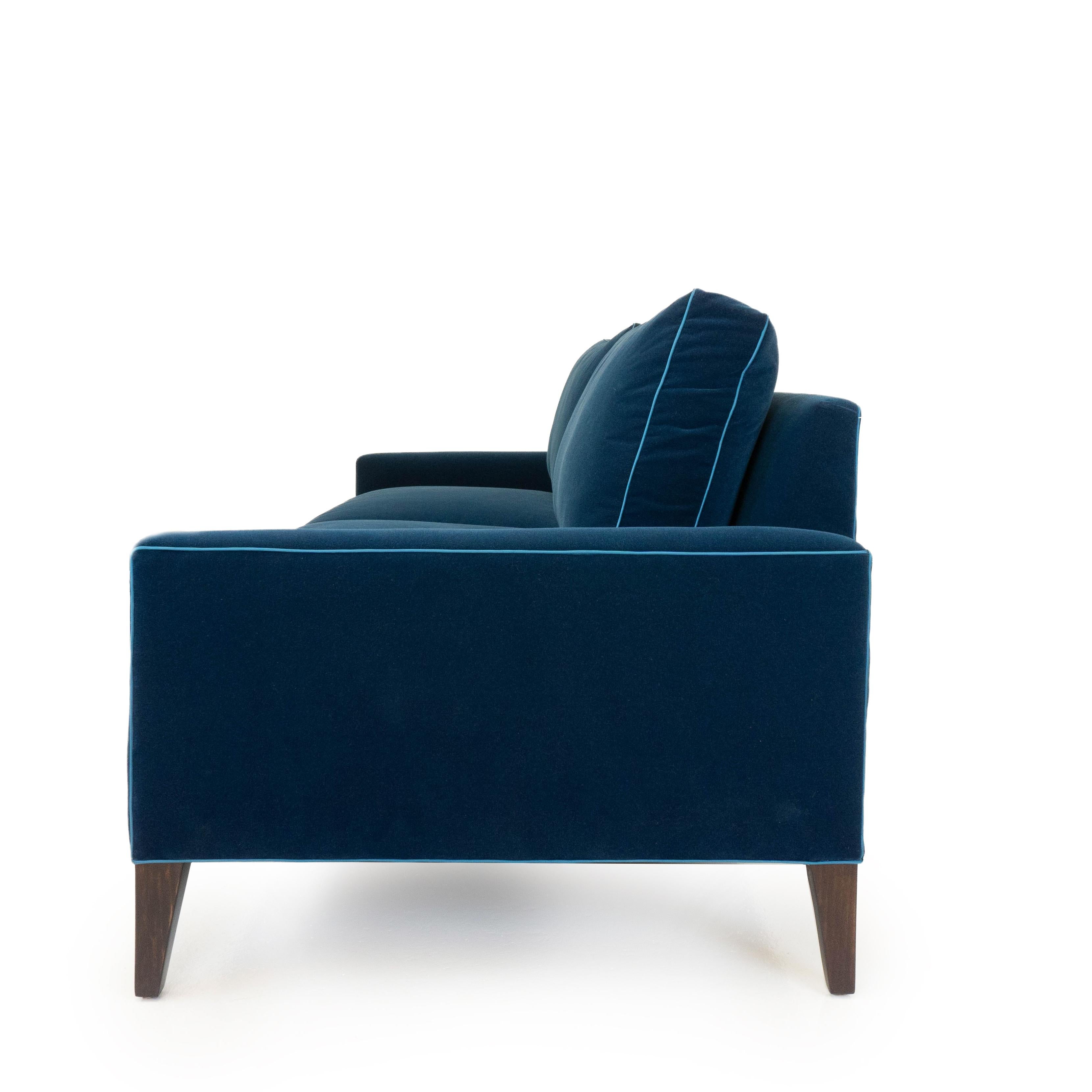 American Modern Two Cushion Sofa in Dark Blue Velvet For Sale
