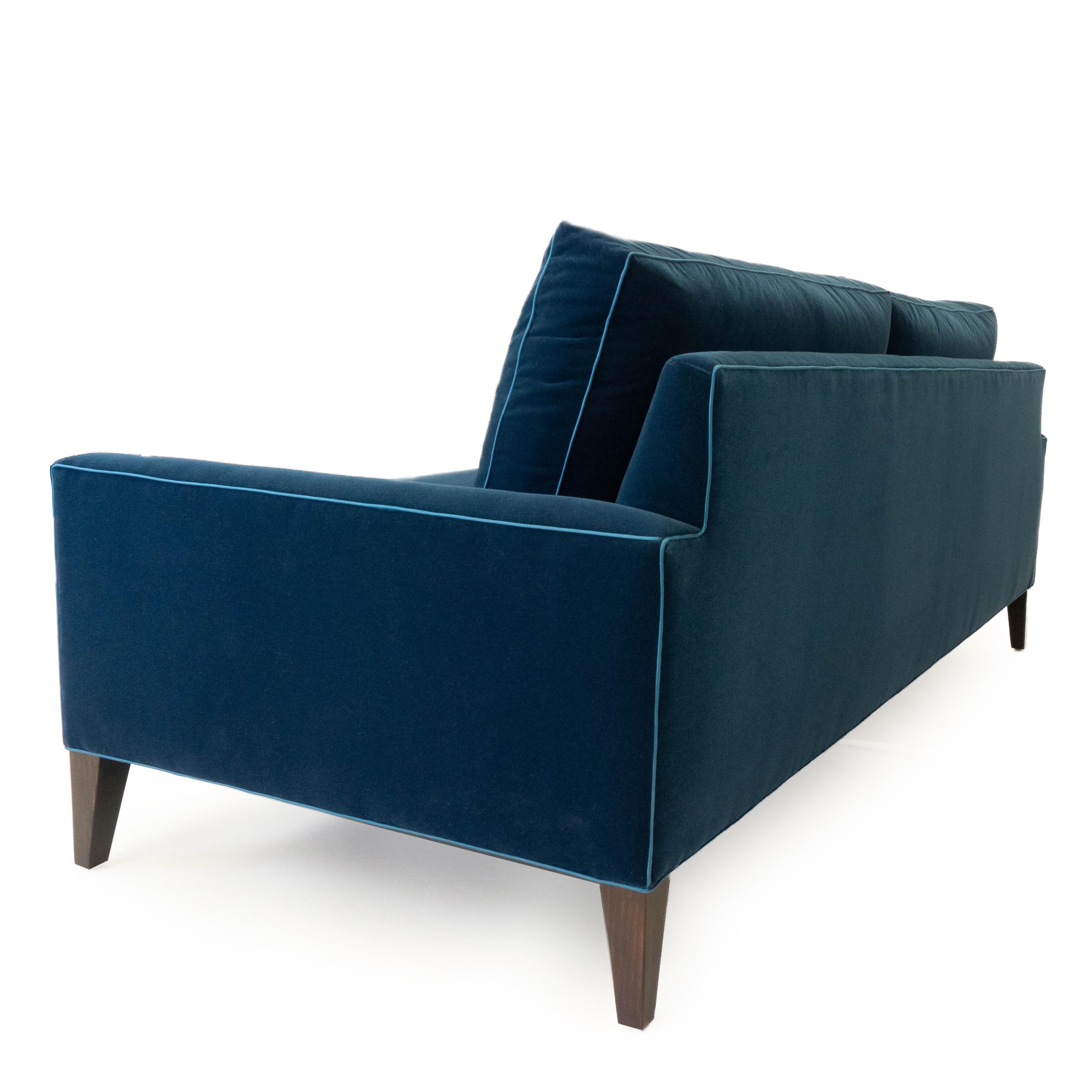 Painted Modern Two Cushion Sofa in Dark Blue Velvet For Sale