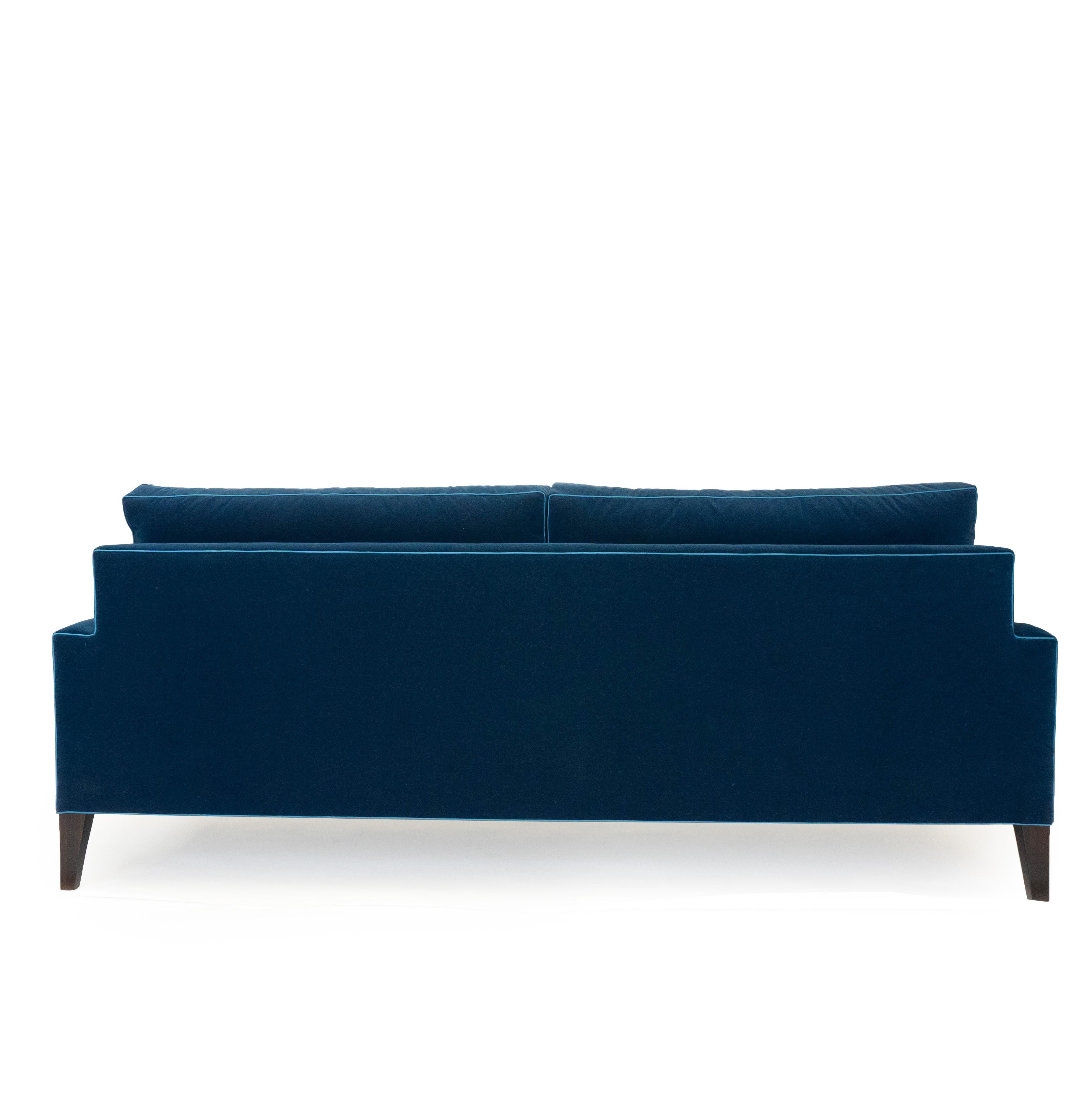 Modern Two Cushion Sofa in Dark Blue Velvet In Excellent Condition For Sale In Greenwich, CT