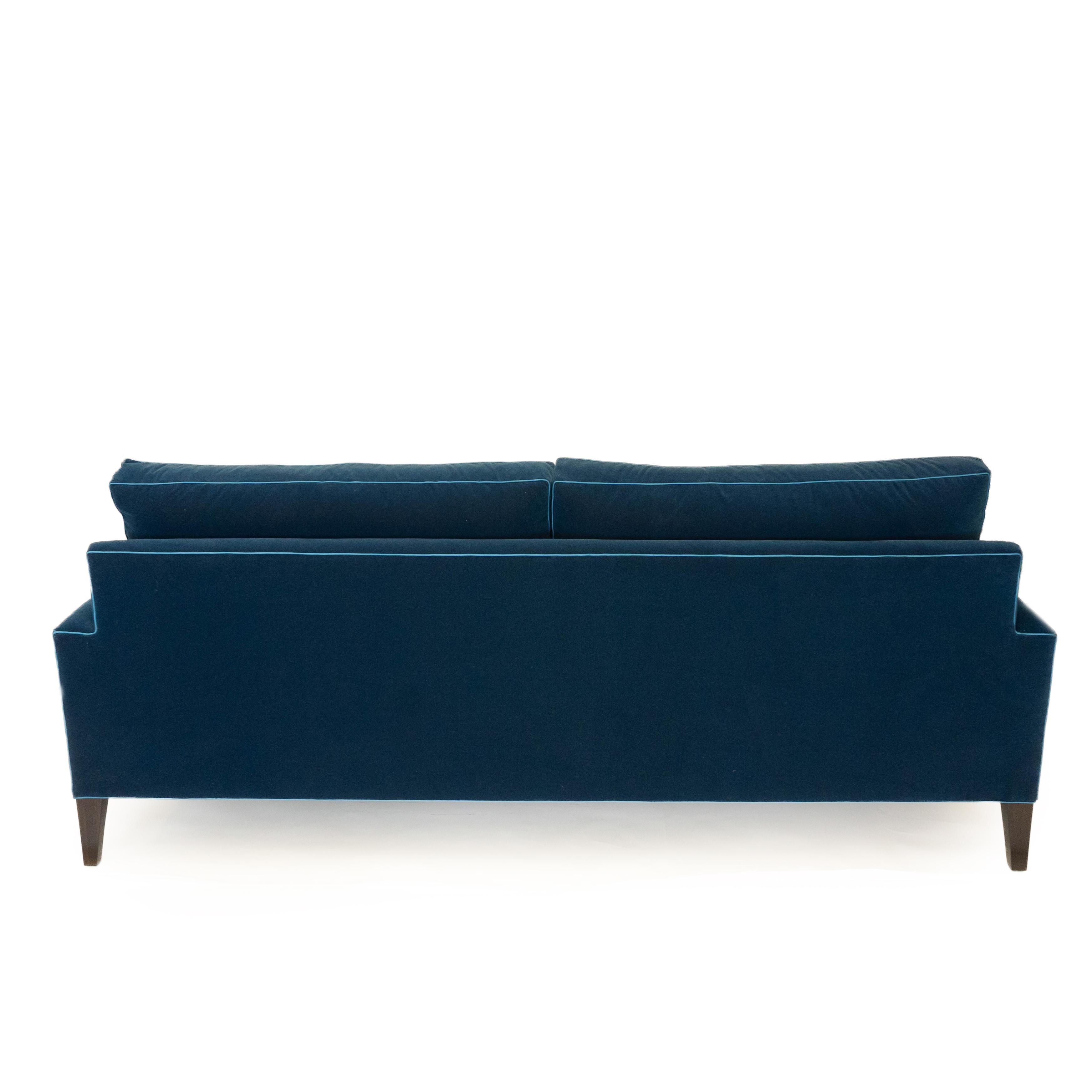 Contemporary Modern Two Cushion Sofa in Dark Blue Velvet For Sale