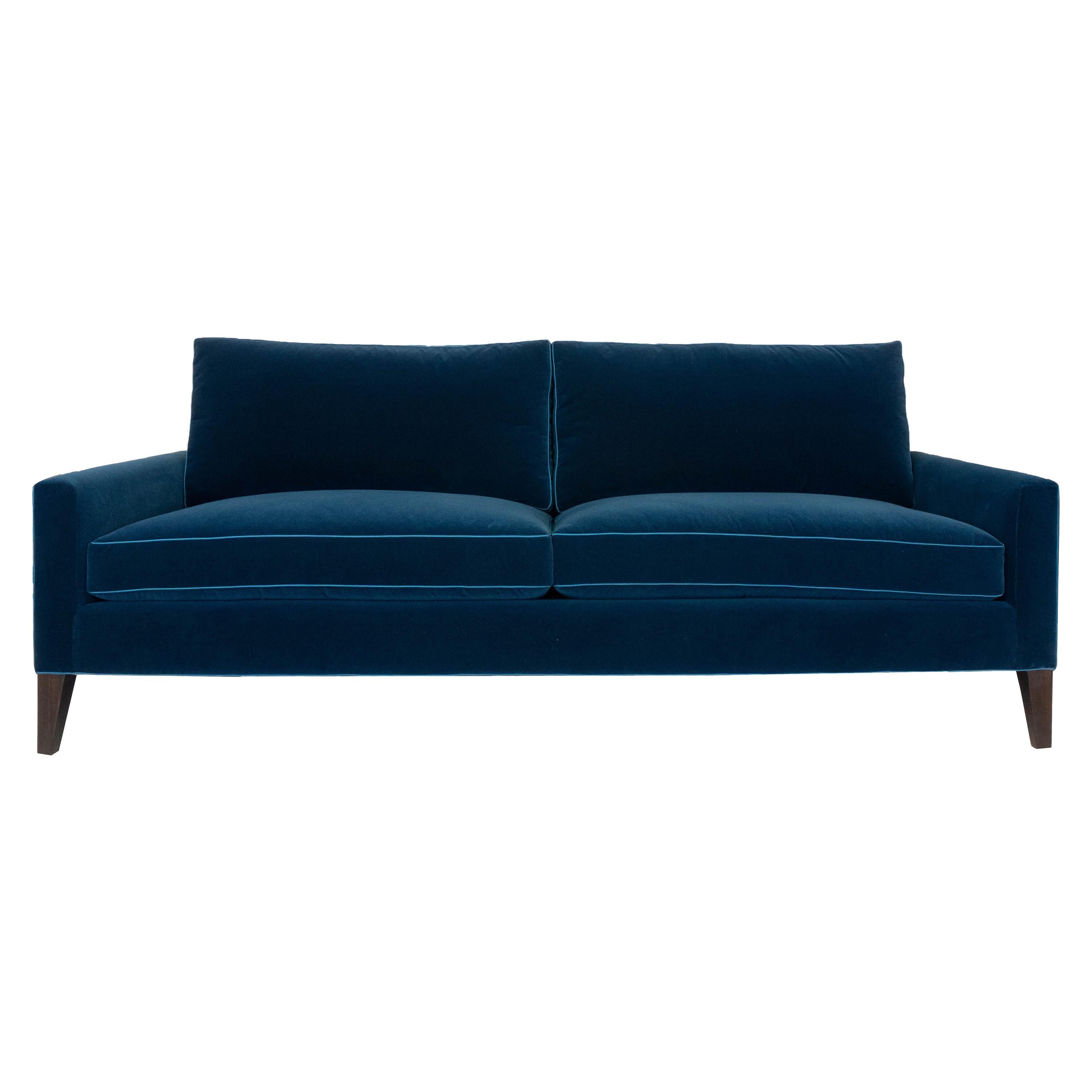 Modern Two Cushion Sofa in Dark Blue Velvet