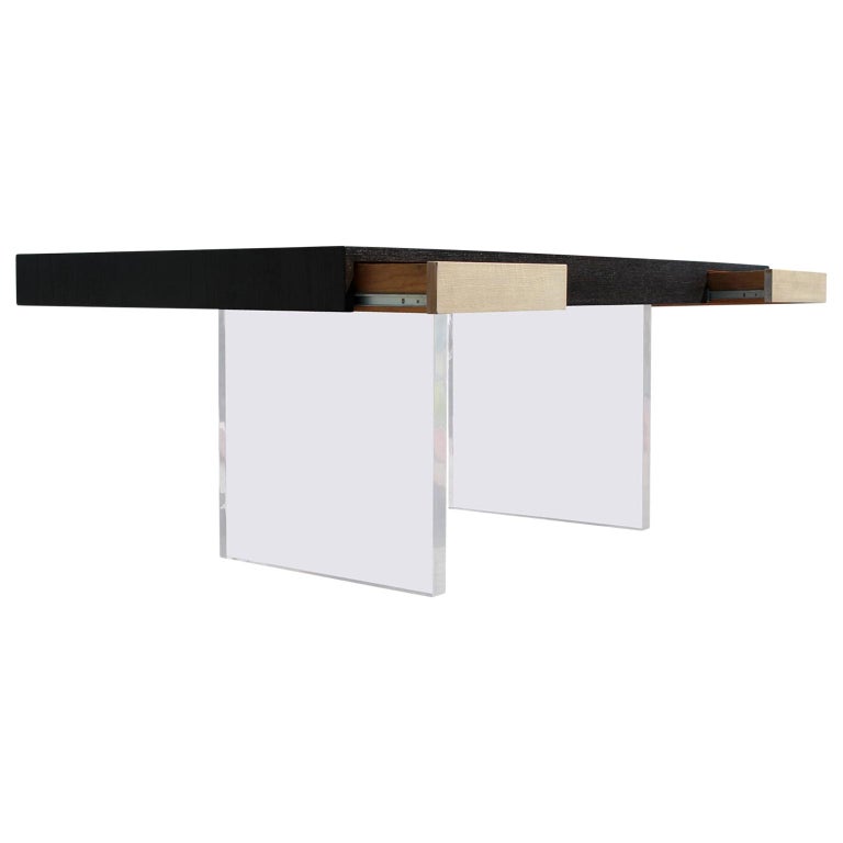 Modern Two Drawer Black and Natural Desk with Lucite Legs For Sale
