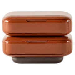Modern Two-Drawer Burnt Orange Lacquer Nightstand with Dark Oak Base, Sculptural